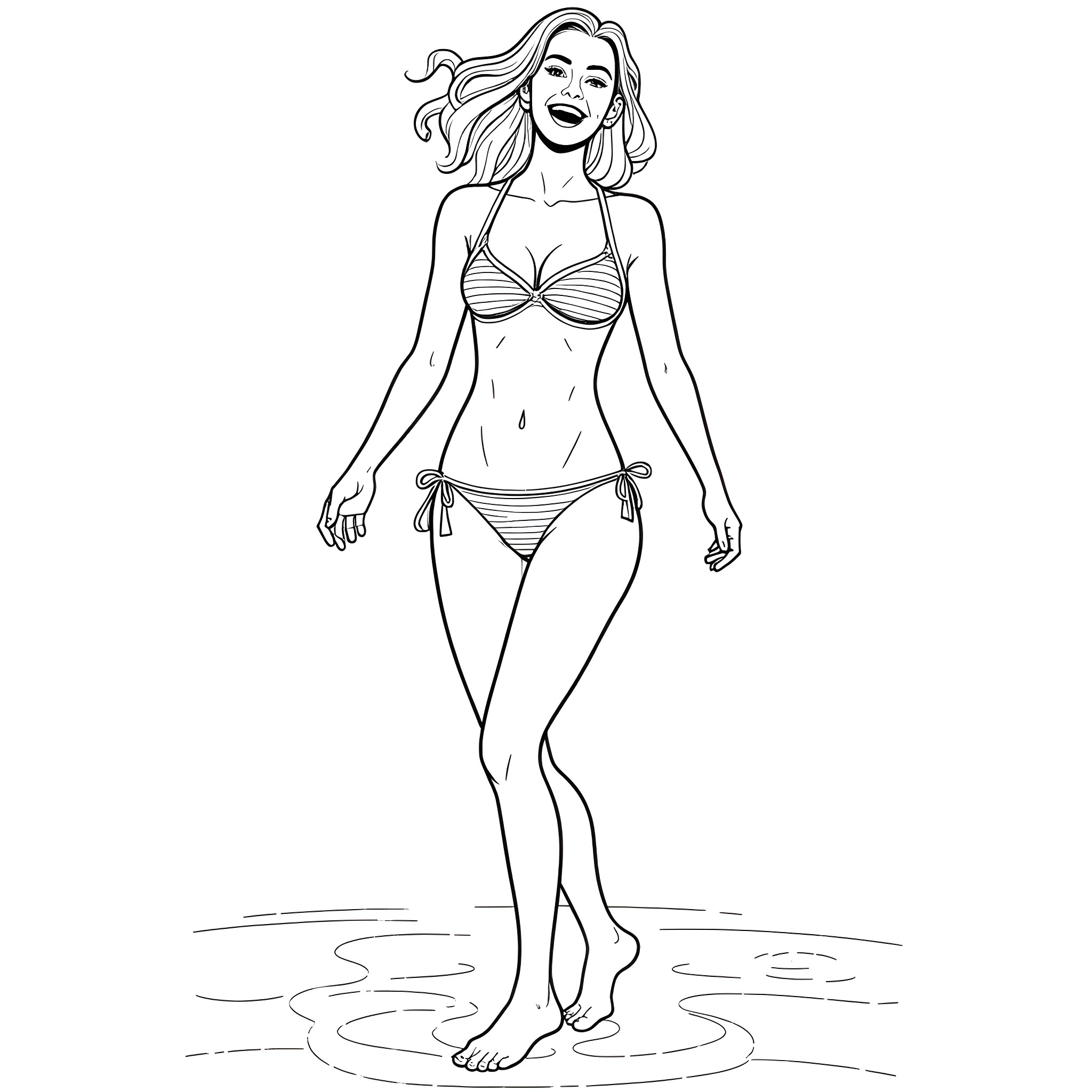 Woman in Swimwear Smiling Joyfully Coloring Page (free black-and-white line drawing printable PDF for all, from beginners to advanced learners, including children, teens, adults, and seniors)