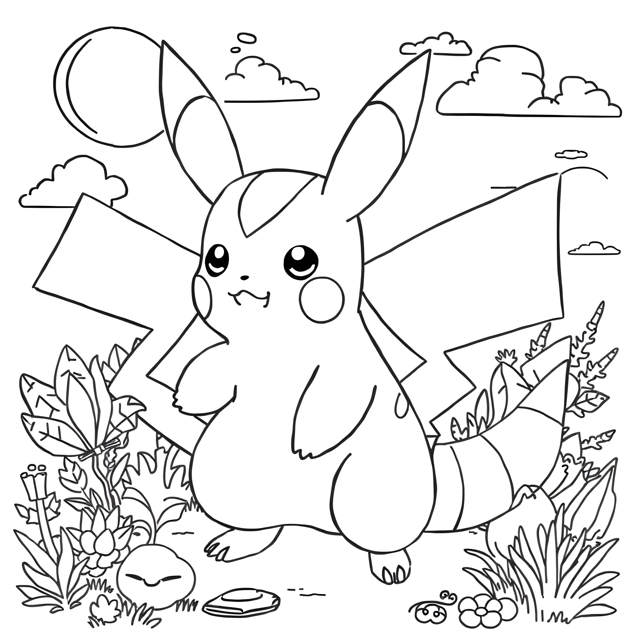 Pikachu exploring the outdoors in a magical landscape Coloring Page (free black-and-white line drawing printable PDF for all, from beginners to advanced learners, including children, teens, adults, and seniors)