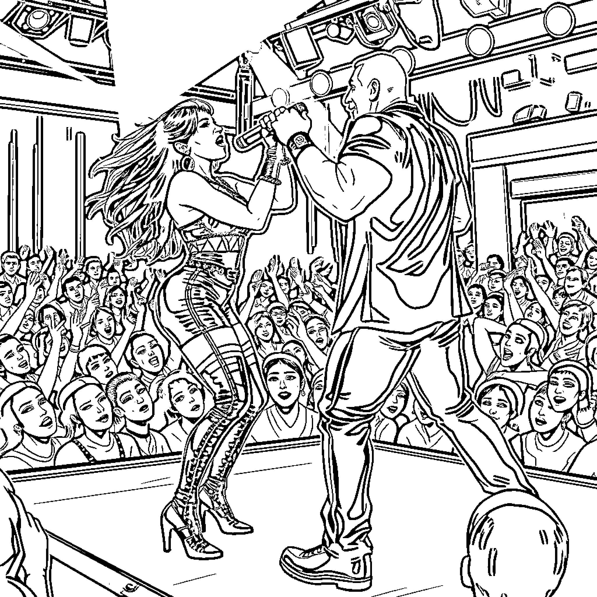 Dua Lipa's energetic performance on stage with fans Coloring Page (free black-and-white line drawing printable PDF for all, from beginners to advanced learners, including children, teens, adults, and seniors)