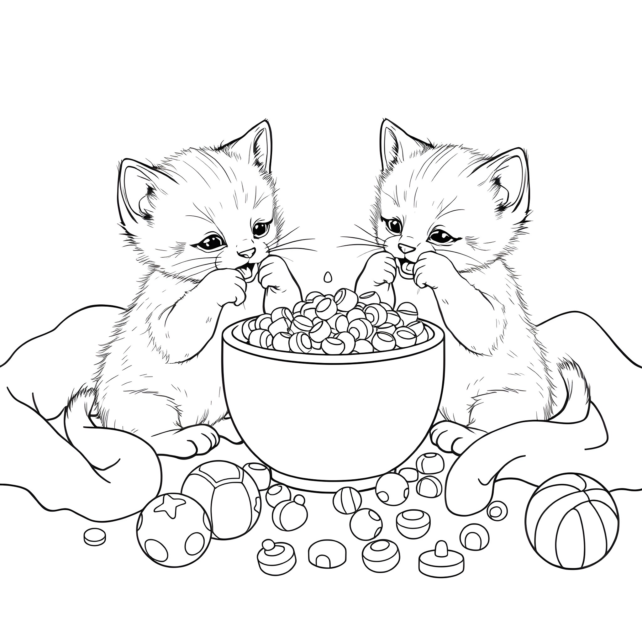 Kittens playing with toys and treats Coloring Page (free black-and-white line drawing printable PDF for all, from beginners to advanced learners, including children, teens, adults, and seniors)