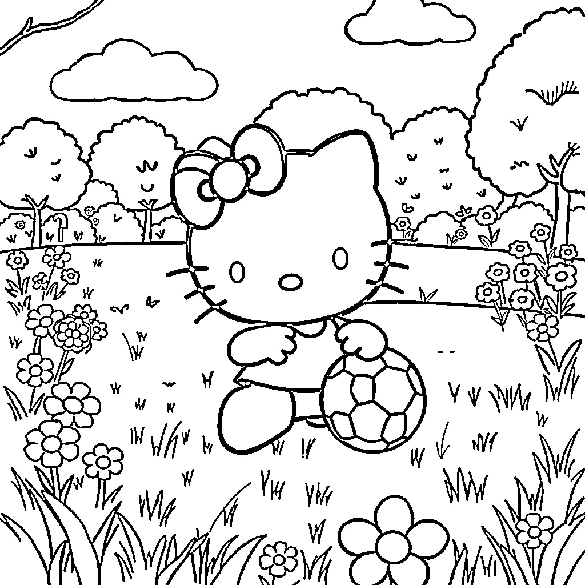 Hello Kitty playing with soccer ball in garden Coloring Page (free black-and-white line drawing printable PDF for all, from beginners to advanced learners, including children, teens, adults, and seniors)