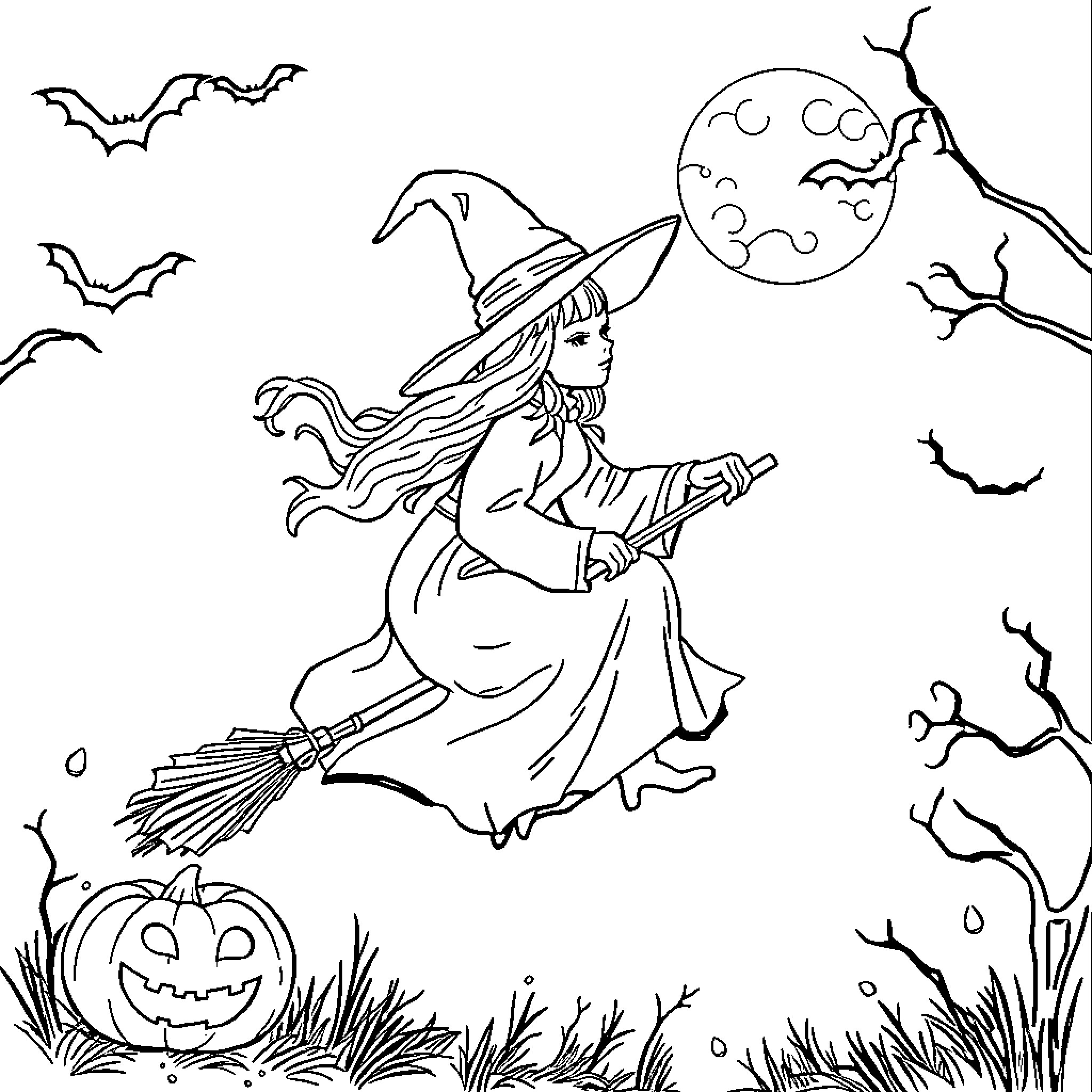 Ghost Witch casting spells on a moonlit night Coloring Page (free black-and-white line drawing printable PDF for all, from beginners to advanced learners, including children, teens, adults, and seniors)
