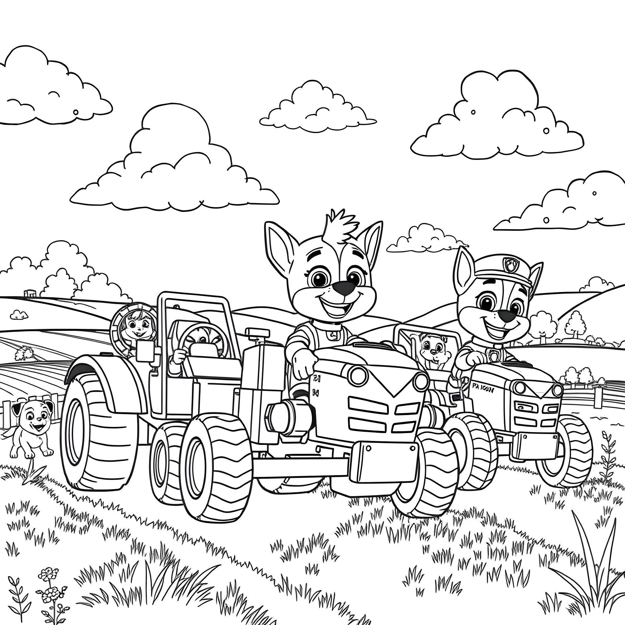 Paw Patrol characters exploring the countryside in their vehicles Coloring Page (free black-and-white line drawing printable PDF for all, from beginners to advanced learners, including children, teens, adults, and seniors)
