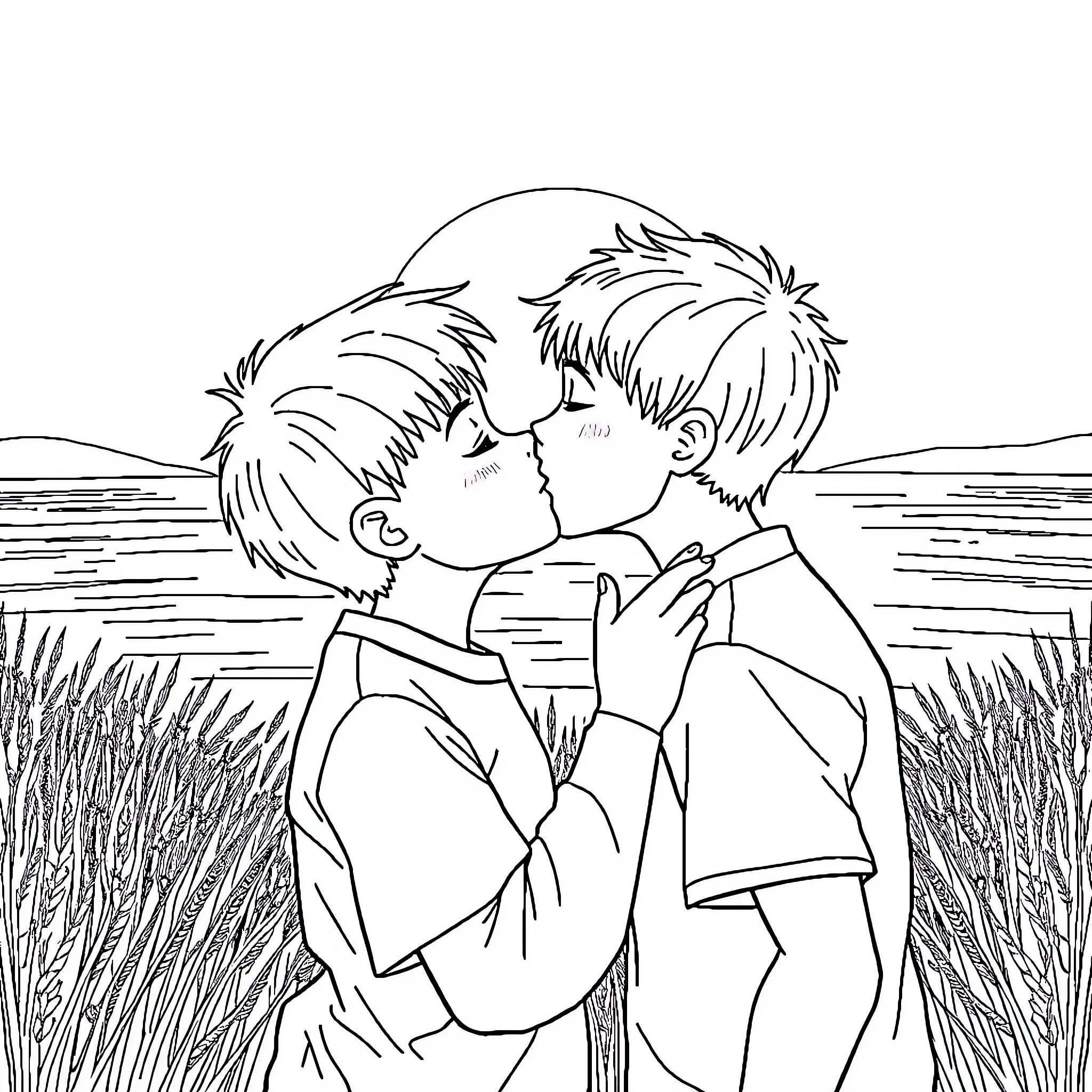 Boy and girl share a tender embrace in a field Coloring Page (free black-and-white line drawing printable PDF for all, from beginners to advanced learners, including children, teens, adults, and seniors)