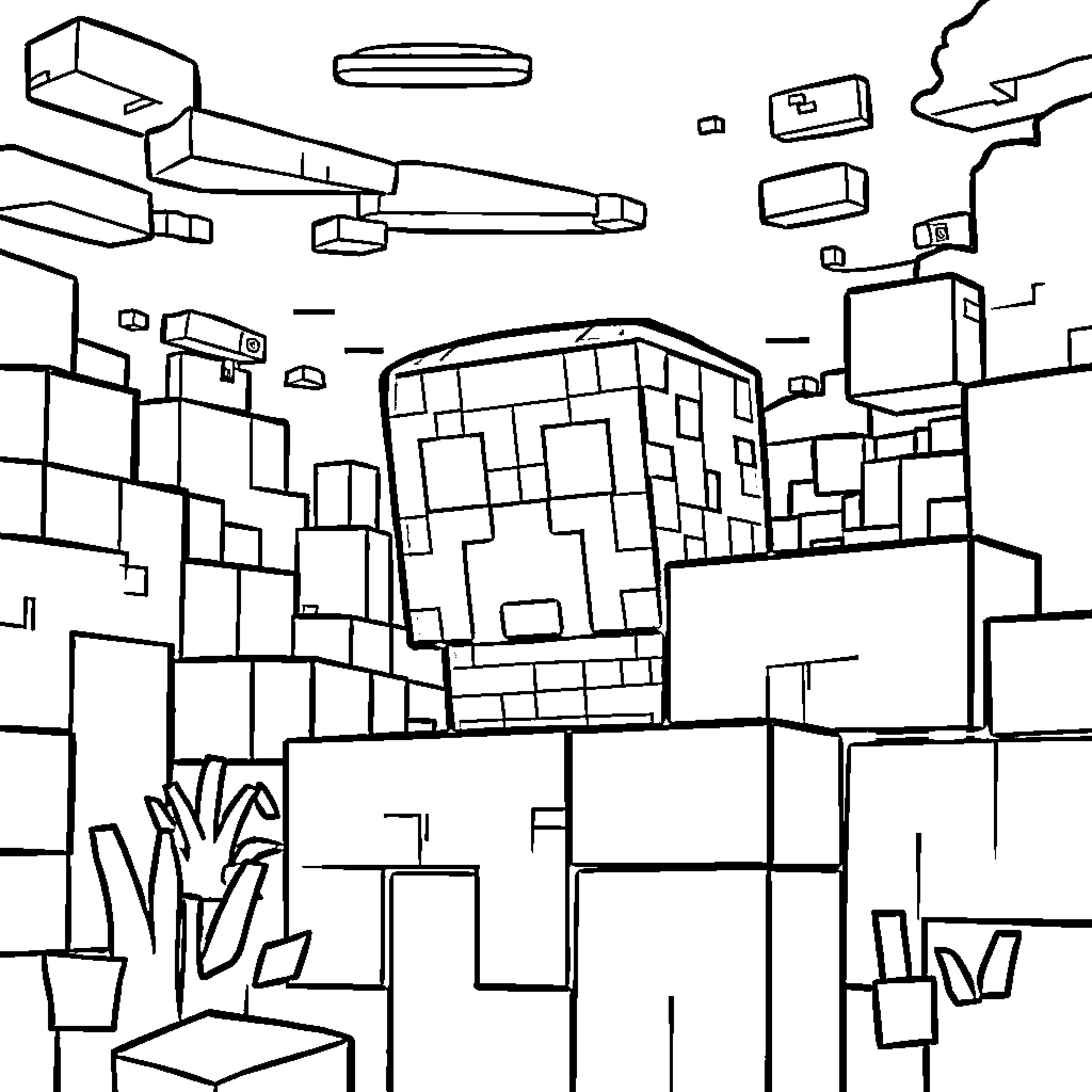 Creeper exploring an abstract cityscape Coloring Page (free black-and-white line drawing printable PDF for all, from beginners to advanced learners, including children, teens, adults, and seniors)