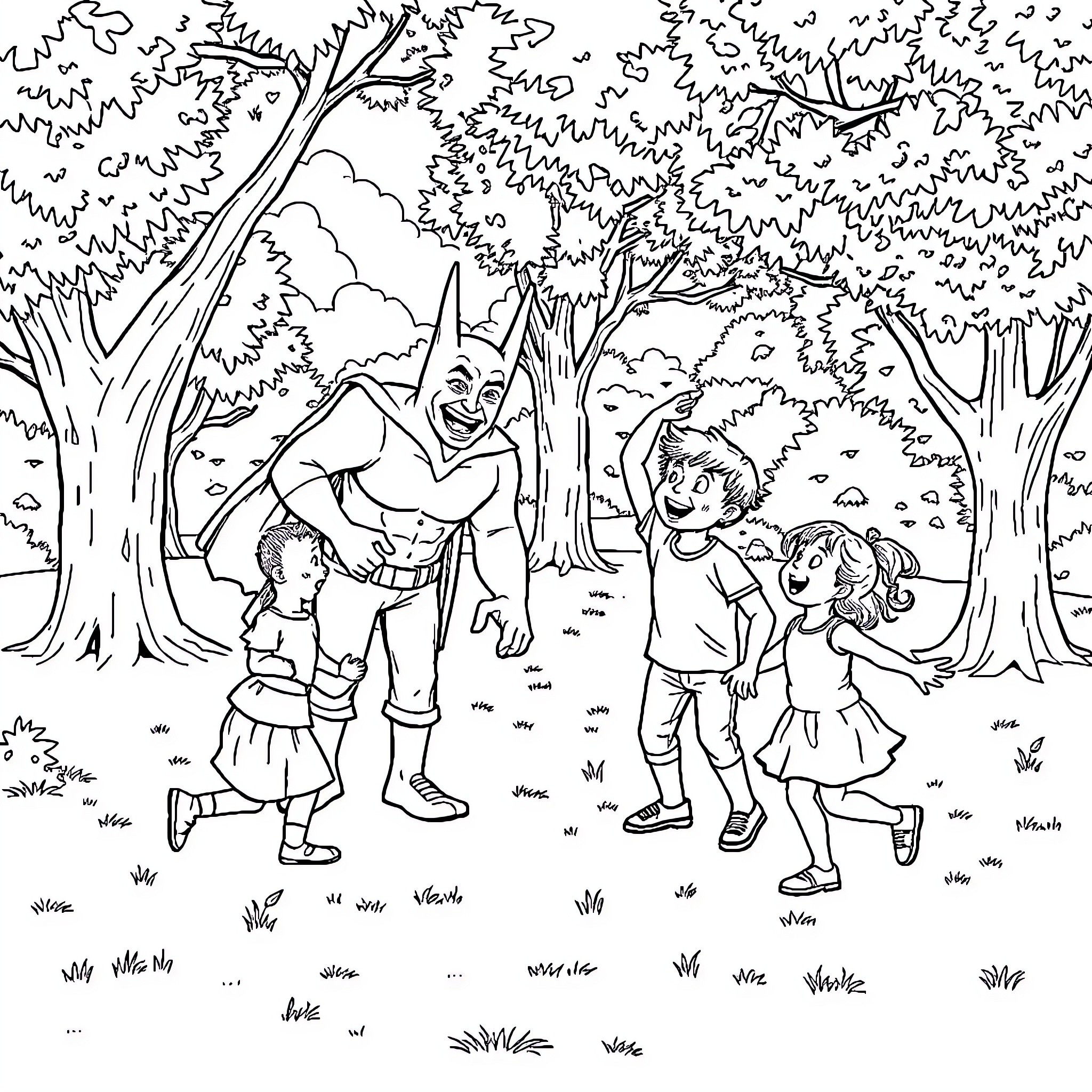 Bateman's Joyful Encounter in the Enchanted Forest Coloring Page (free black-and-white line drawing printable PDF for all, from beginners to advanced learners, including children, teens, adults, and seniors)