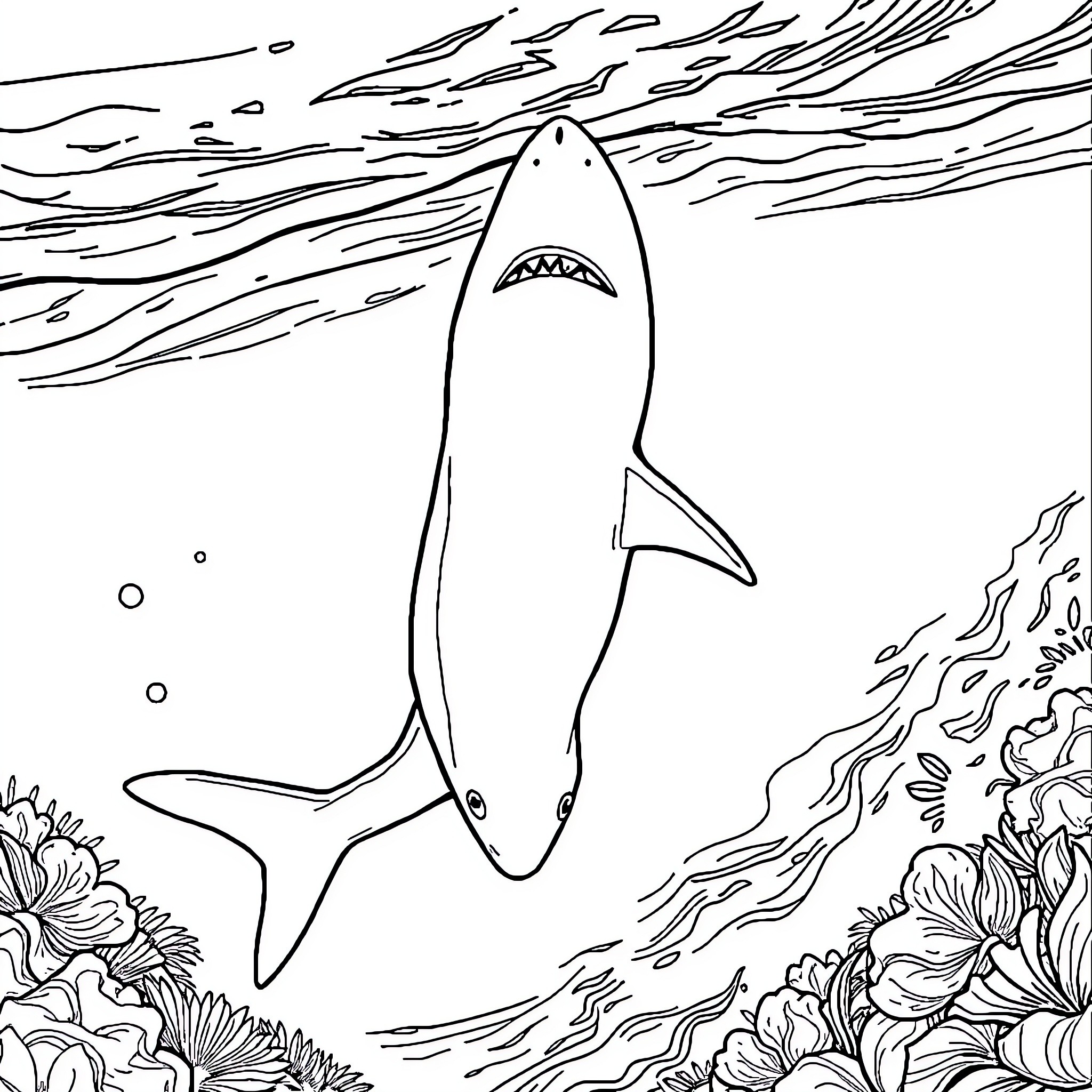 Shark swimming aggressively in the ocean Coloring Page (free black-and-white line drawing printable PDF for all, from beginners to advanced learners, including children, teens, adults, and seniors)