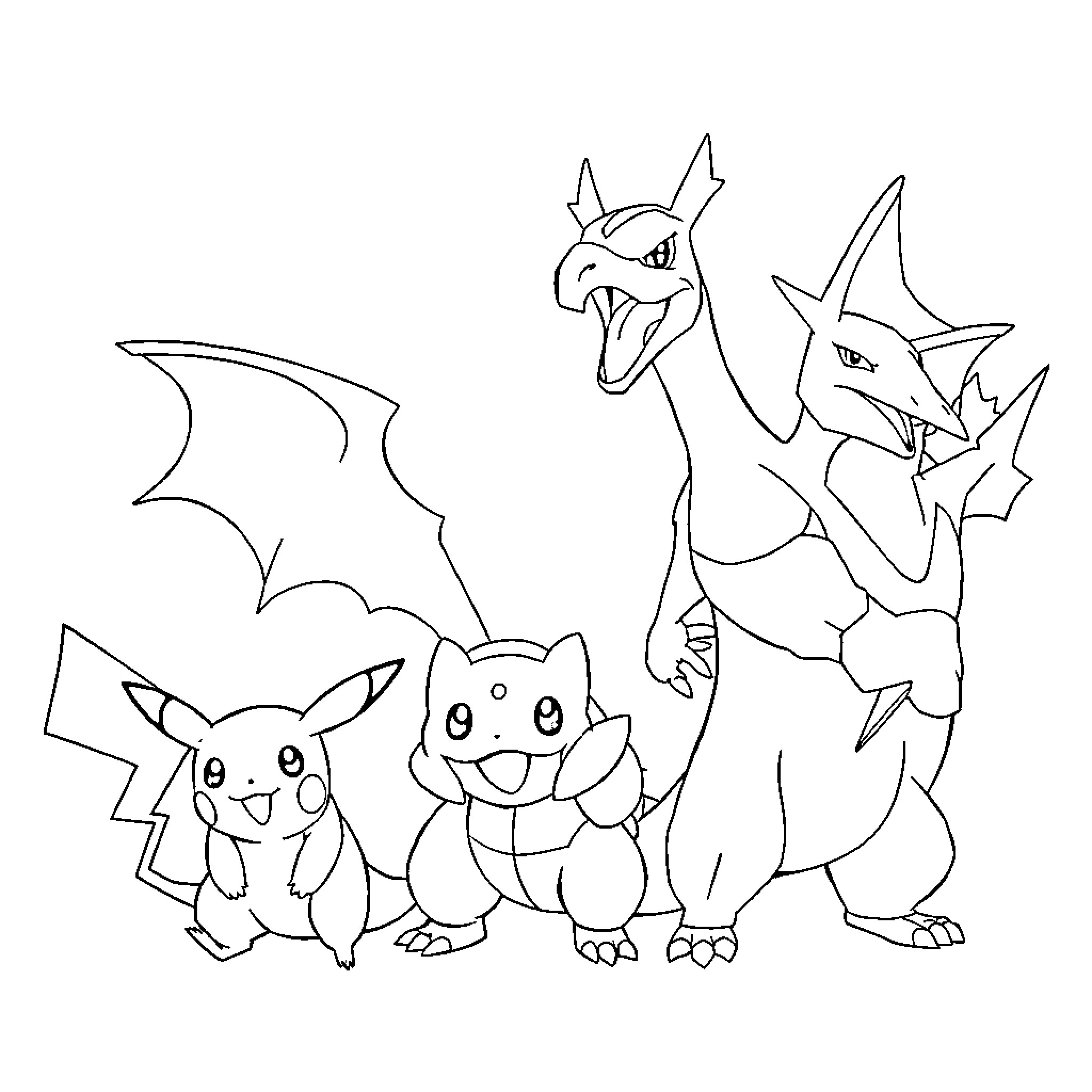 Pokémon characters gathered in playful poses Coloring Page (free black-and-white line drawing printable PDF for all, from beginners to advanced learners, including children, teens, adults, and seniors)