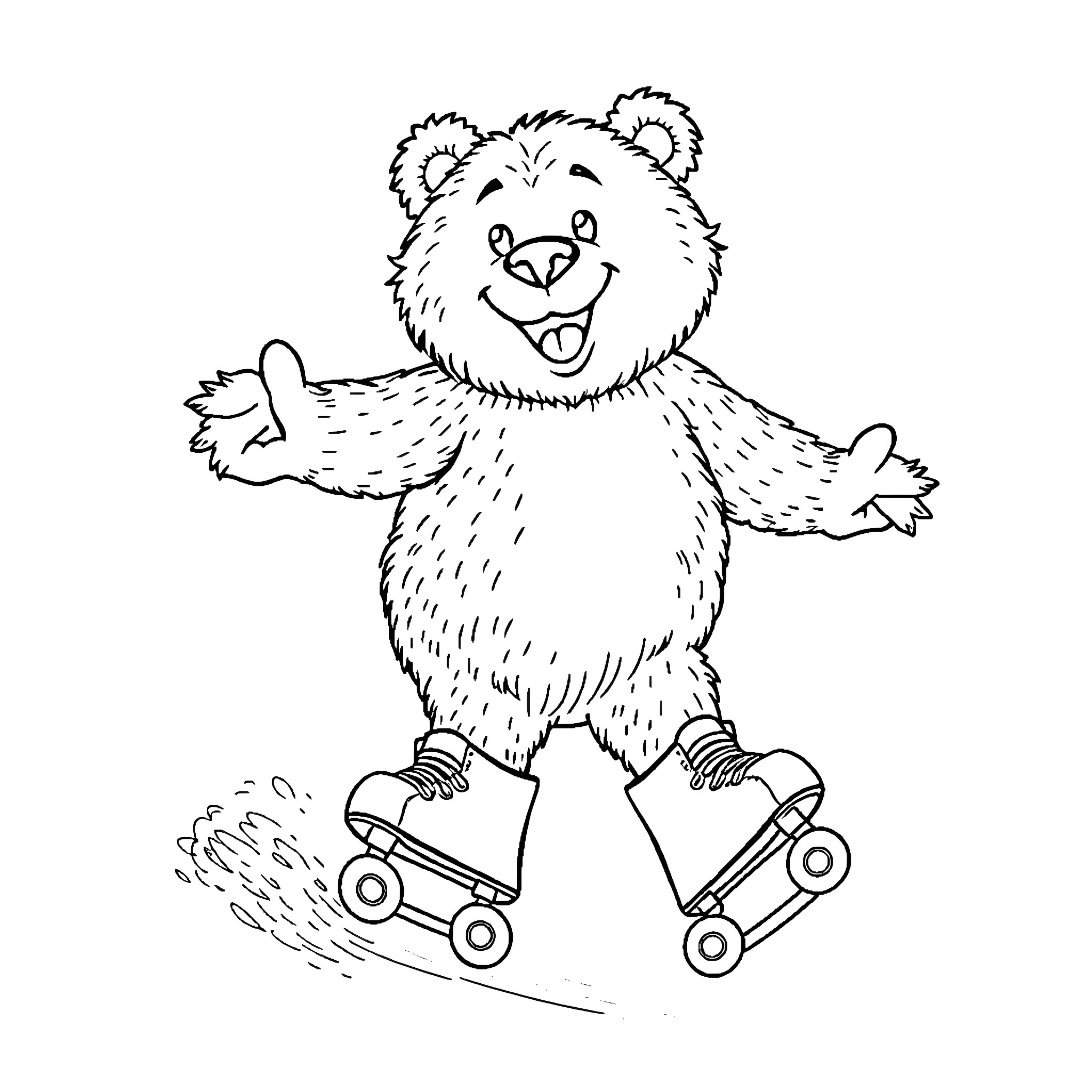 Bear happily skating on roller skates Coloring Page (free black-and-white line drawing printable PDF for all, from beginners to advanced learners, including children, teens, adults, and seniors)