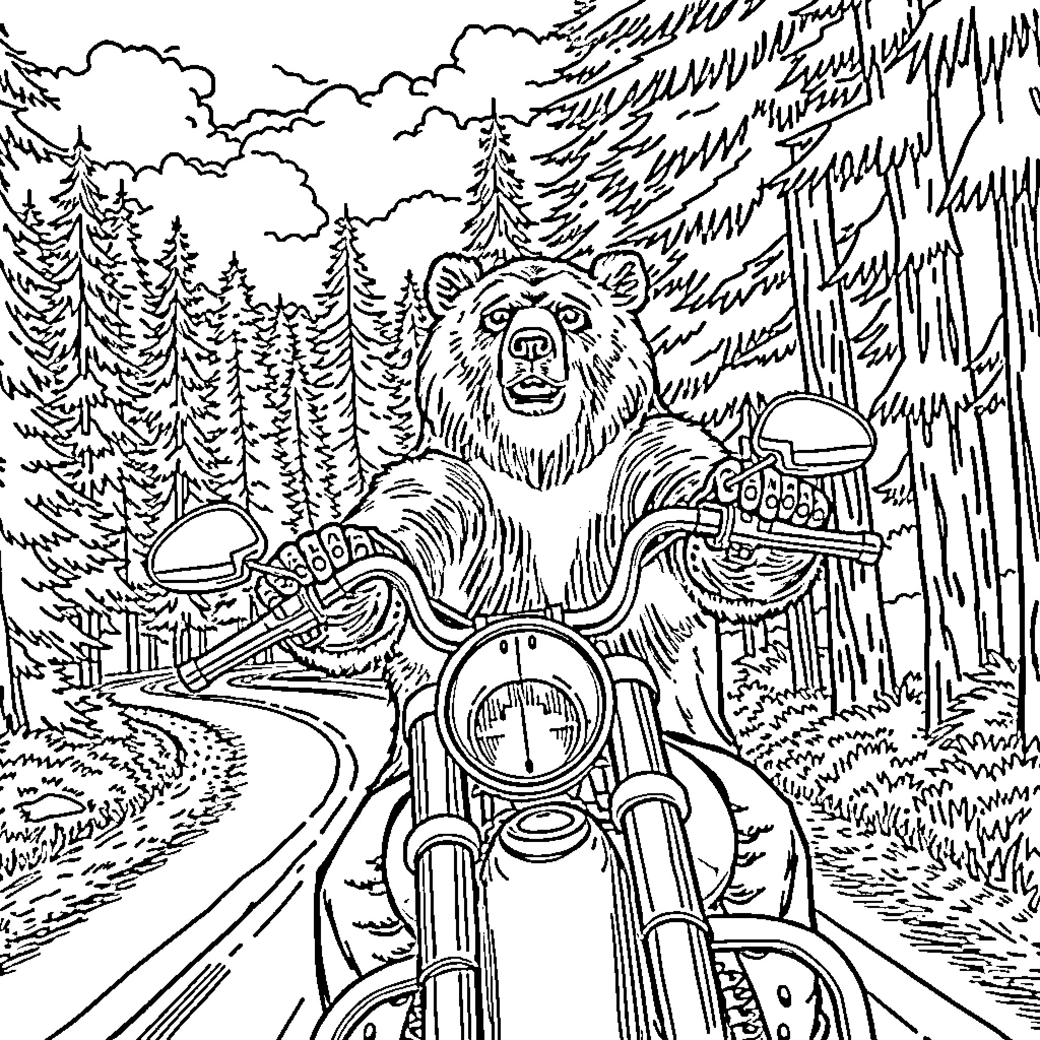 Bear riding motorcycle through forest Coloring Page (free black-and-white line drawing printable PDF for all, from beginners to advanced learners, including children, teens, adults, and seniors)
