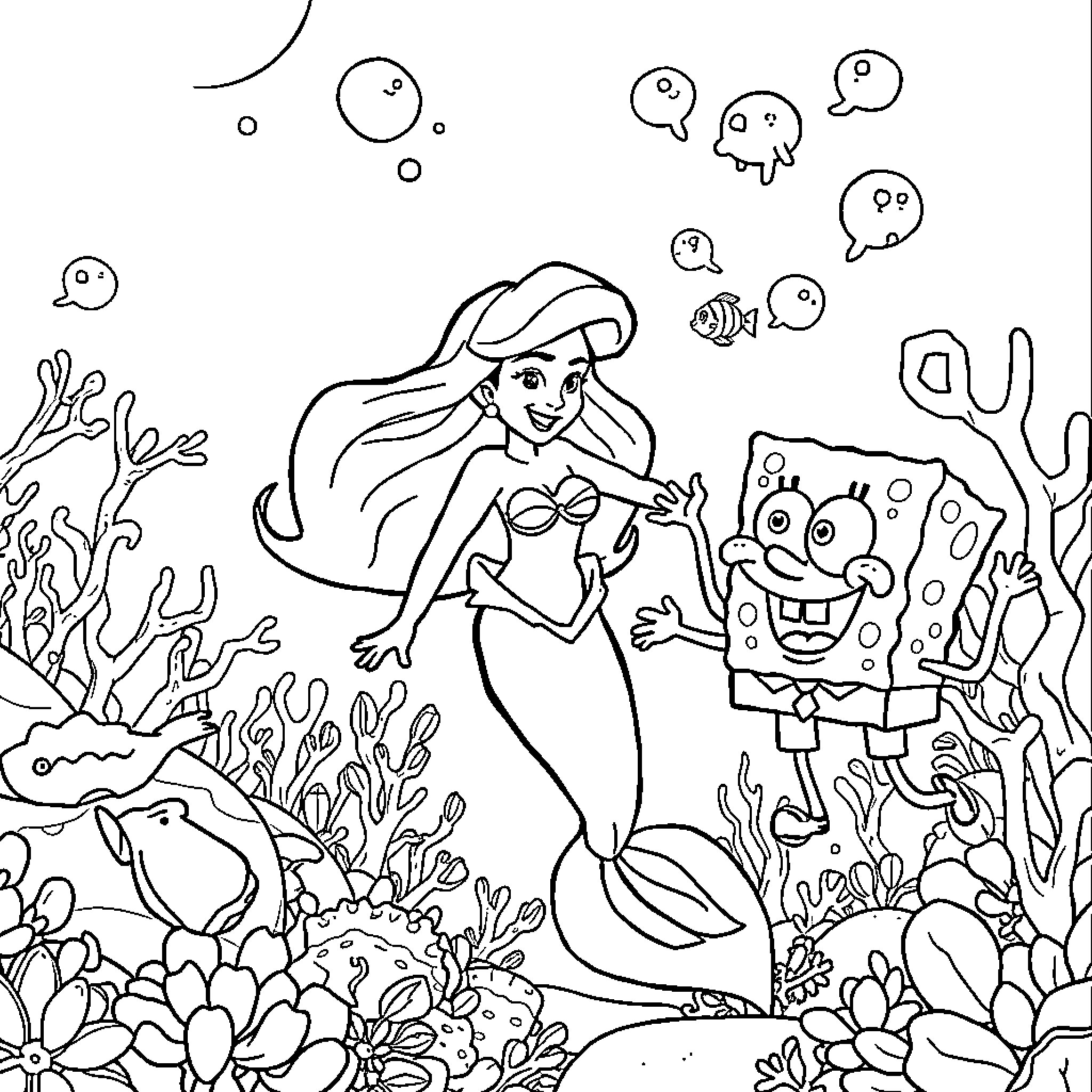 Ariel interacting with sea creatures in the underwater world Coloring Page (free black-and-white line drawing printable PDF for all, from beginners to advanced learners, including children, teens, adults, and seniors)