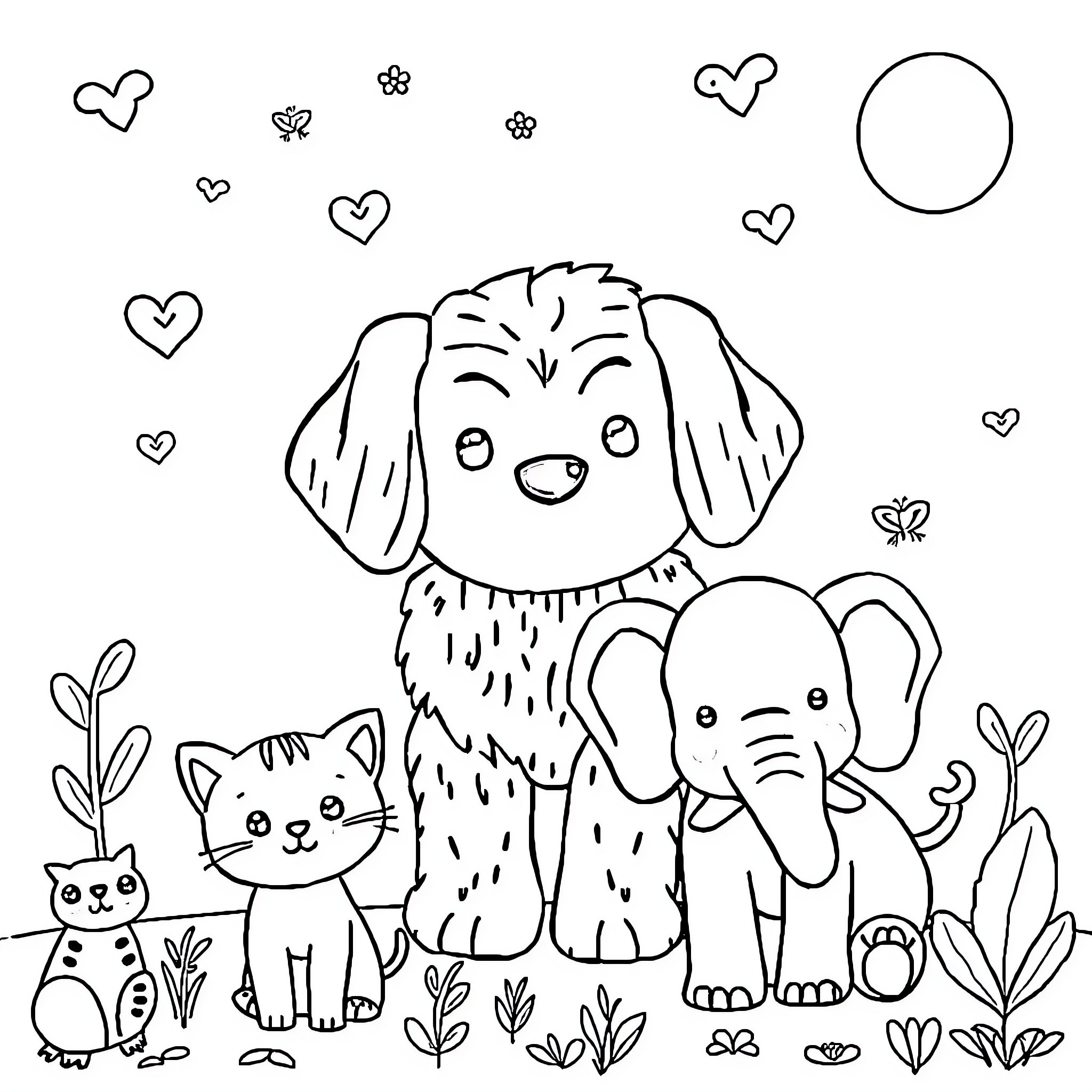 Animal friends playing together in nature Coloring Page (free black-and-white line drawing printable PDF for all, from beginners to advanced learners, including children, teens, adults, and seniors)