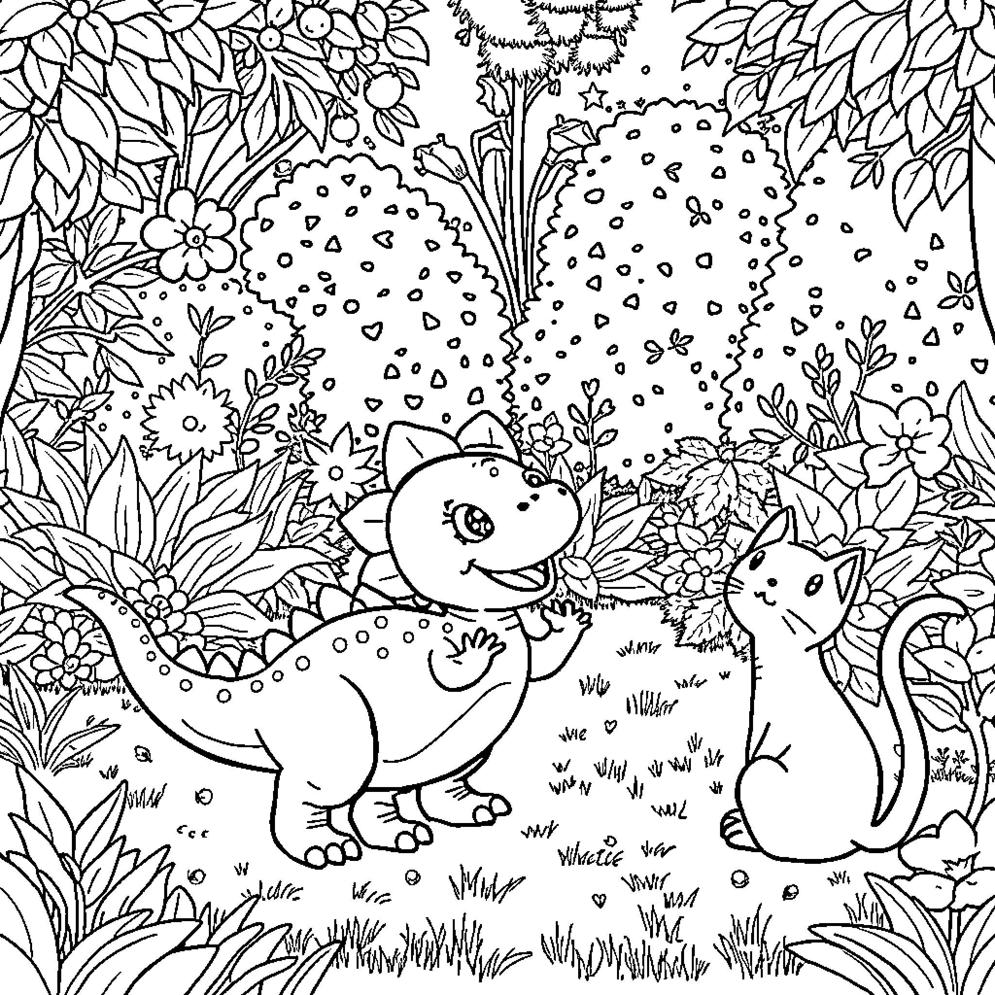 Dinosaur friends explore the lush garden Coloring Page (free black-and-white line drawing printable PDF for all, from beginners to advanced learners, including children, teens, adults, and seniors)