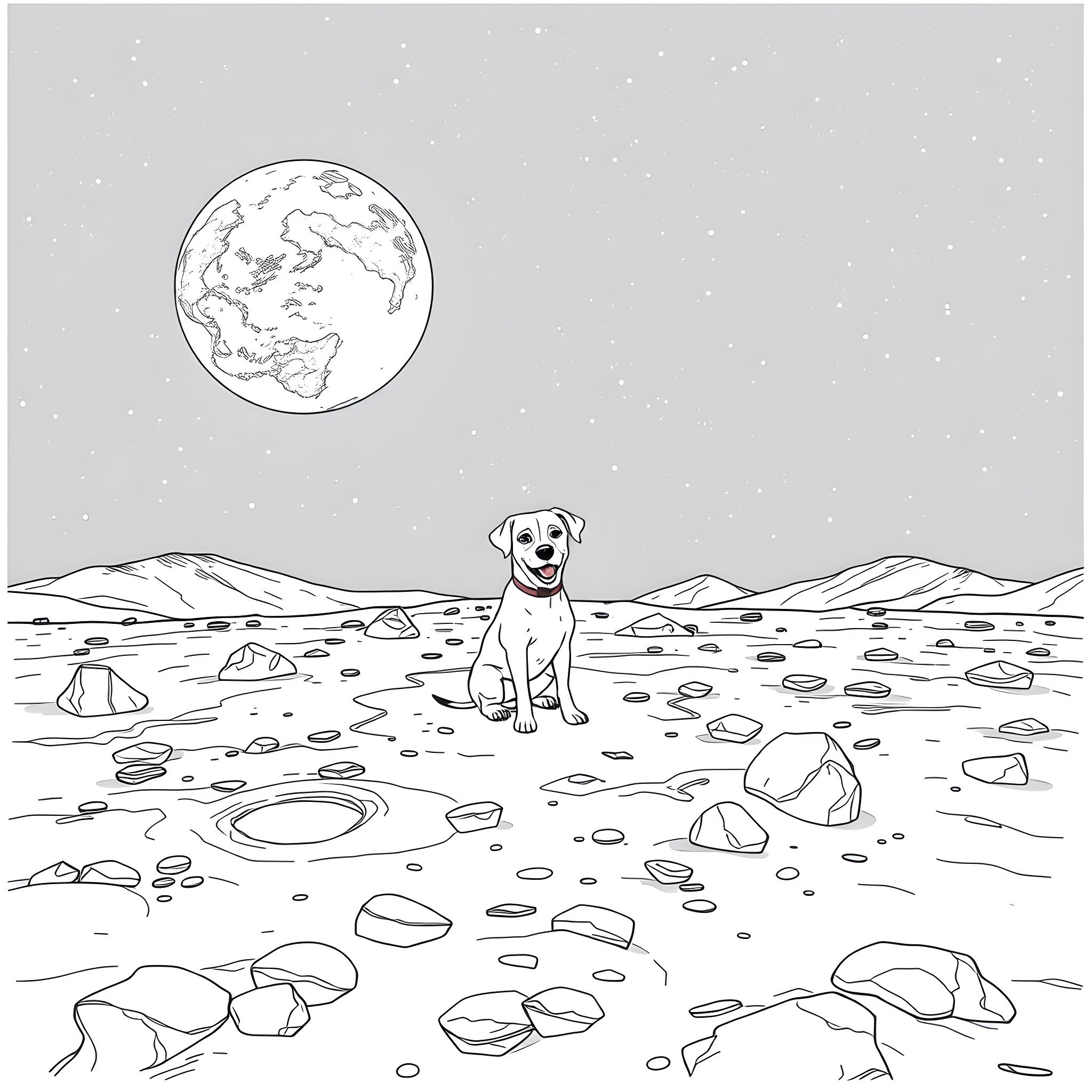 Dog enjoying the moonlit night in the desert Coloring Page (free black-and-white line drawing printable PDF for all, from beginners to advanced learners, including children, teens, adults, and seniors)
