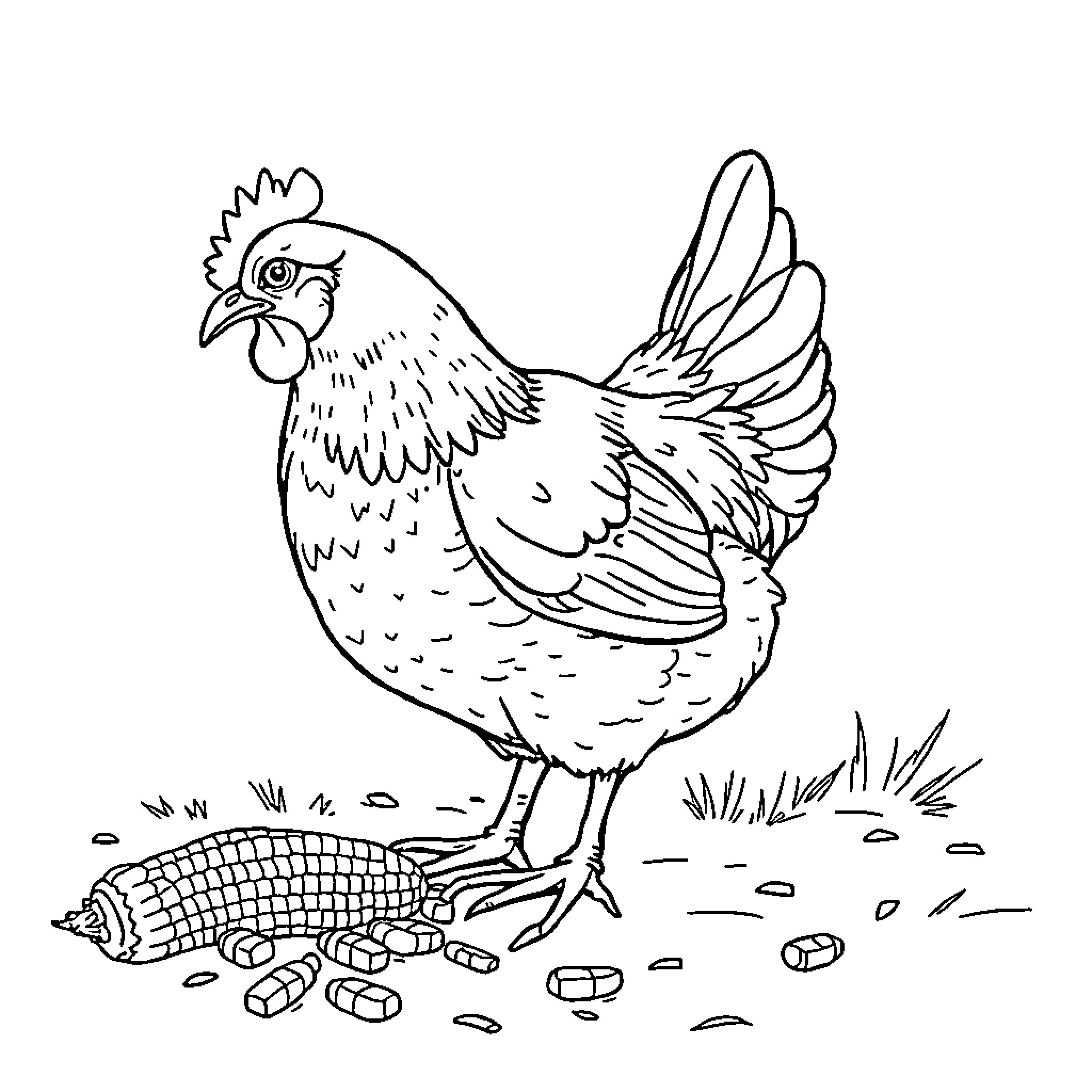 Chicken discovering hidden treasure on the ground Coloring Page (free black-and-white line drawing printable PDF for all, from beginners to advanced learners, including children, teens, adults, and seniors)