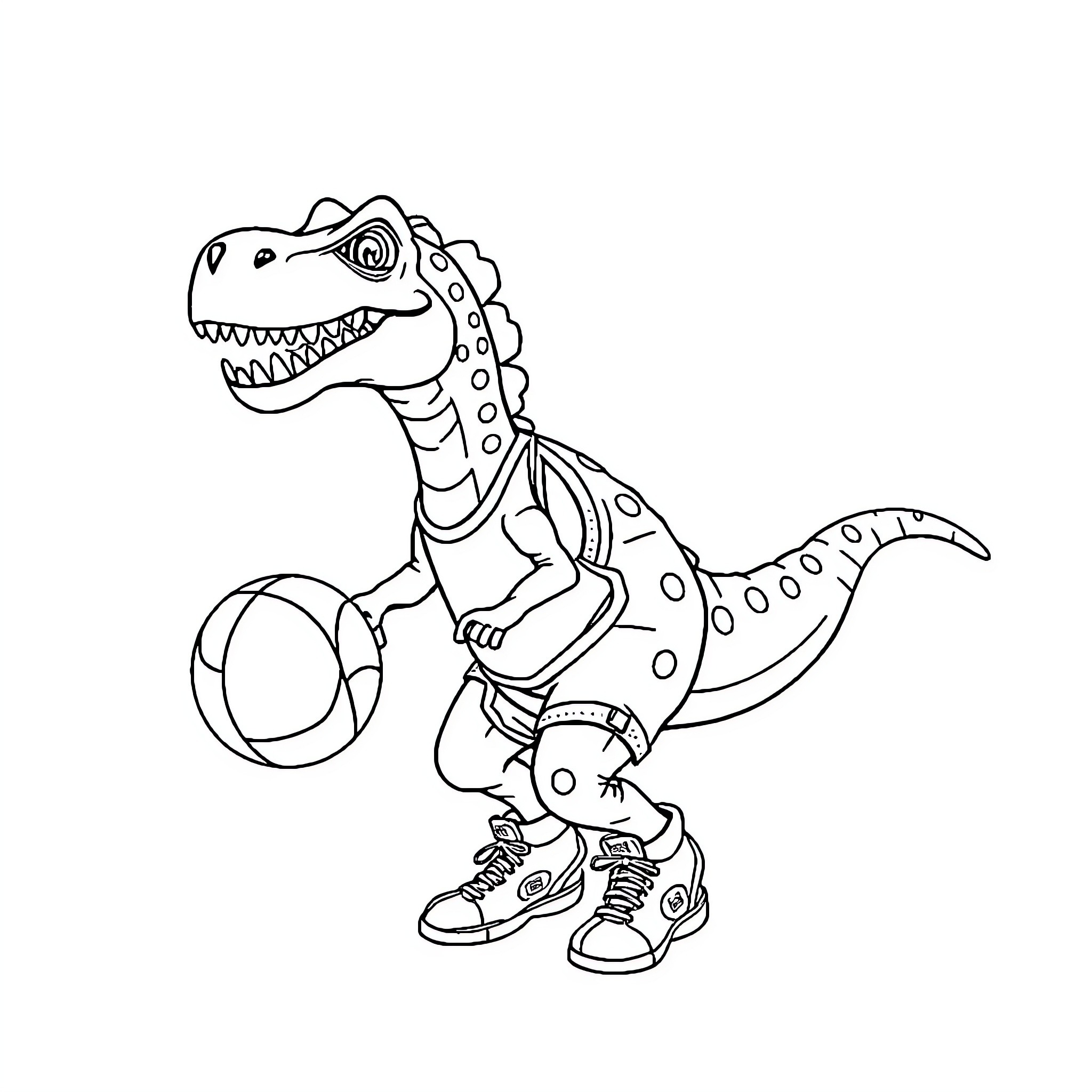Dinosaur playing happily with a ball Coloring Page (free black-and-white line drawing printable PDF for all, from beginners to advanced learners, including children, teens, adults, and seniors)
