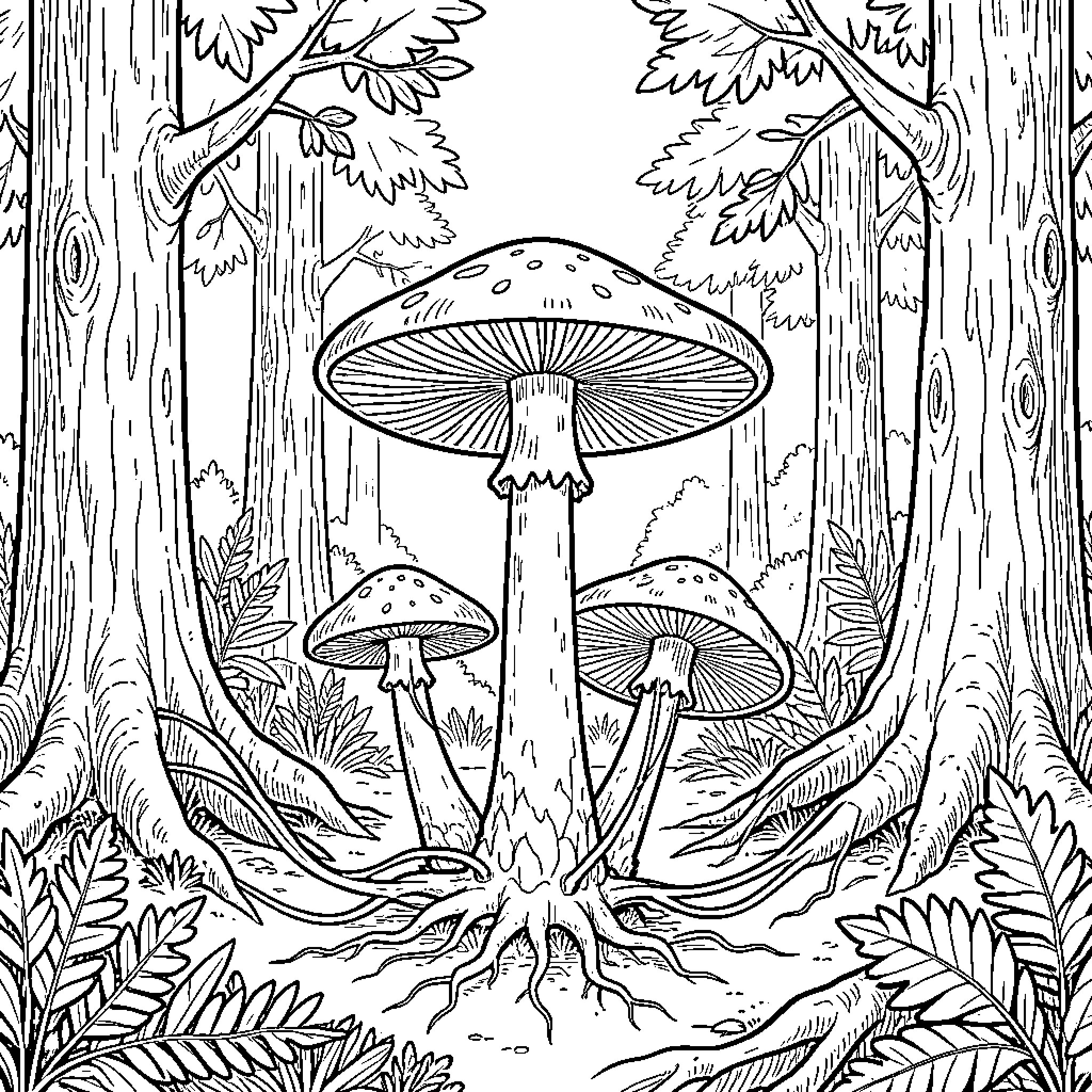 Fungi in the Enchanted Forest Coloring Page (free black-and-white line drawing printable PDF for all, from beginners to advanced learners, including children, teens, adults, and seniors)
