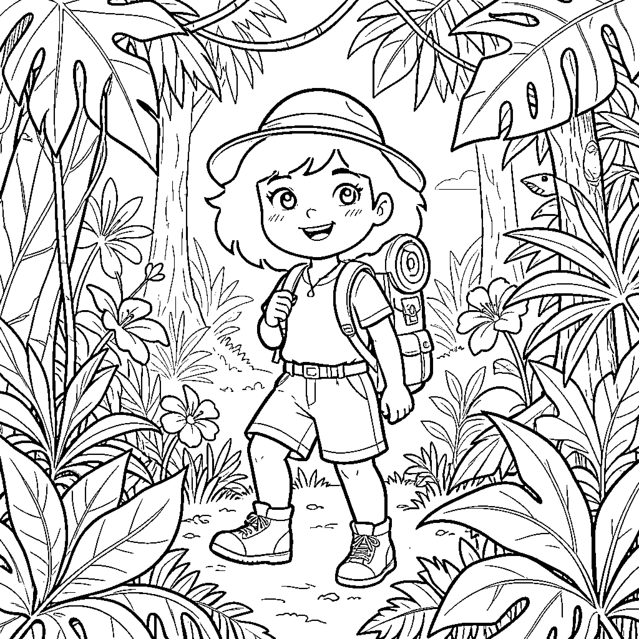 Dora exploring a lush jungle with a backpack Coloring Page (free black-and-white line drawing printable PDF for all, from beginners to advanced learners, including children, teens, adults, and seniors)