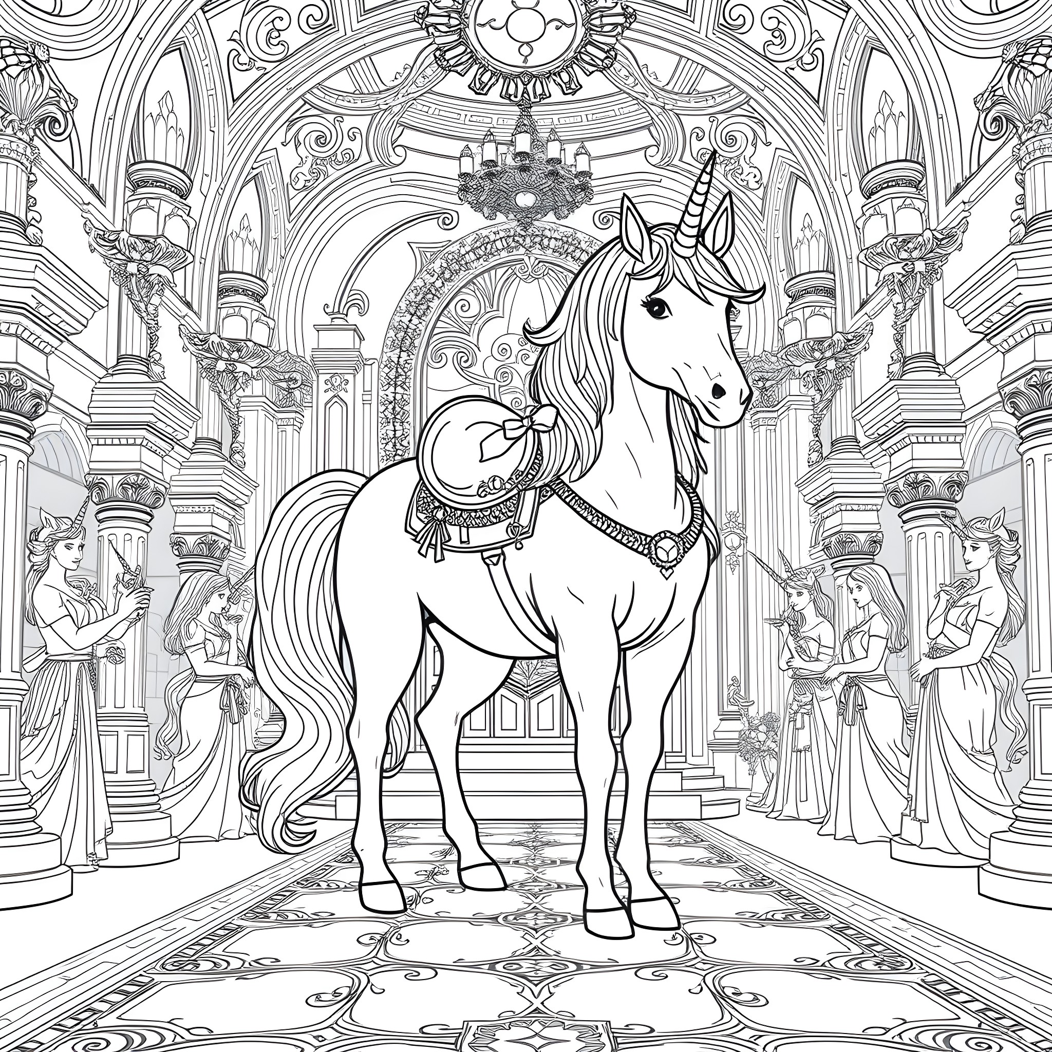 Unicorn in Ornate Palace Hall Coloring Page (free black-and-white line drawing printable PDF for all, from beginners to advanced learners, including children, teens, adults, and seniors)