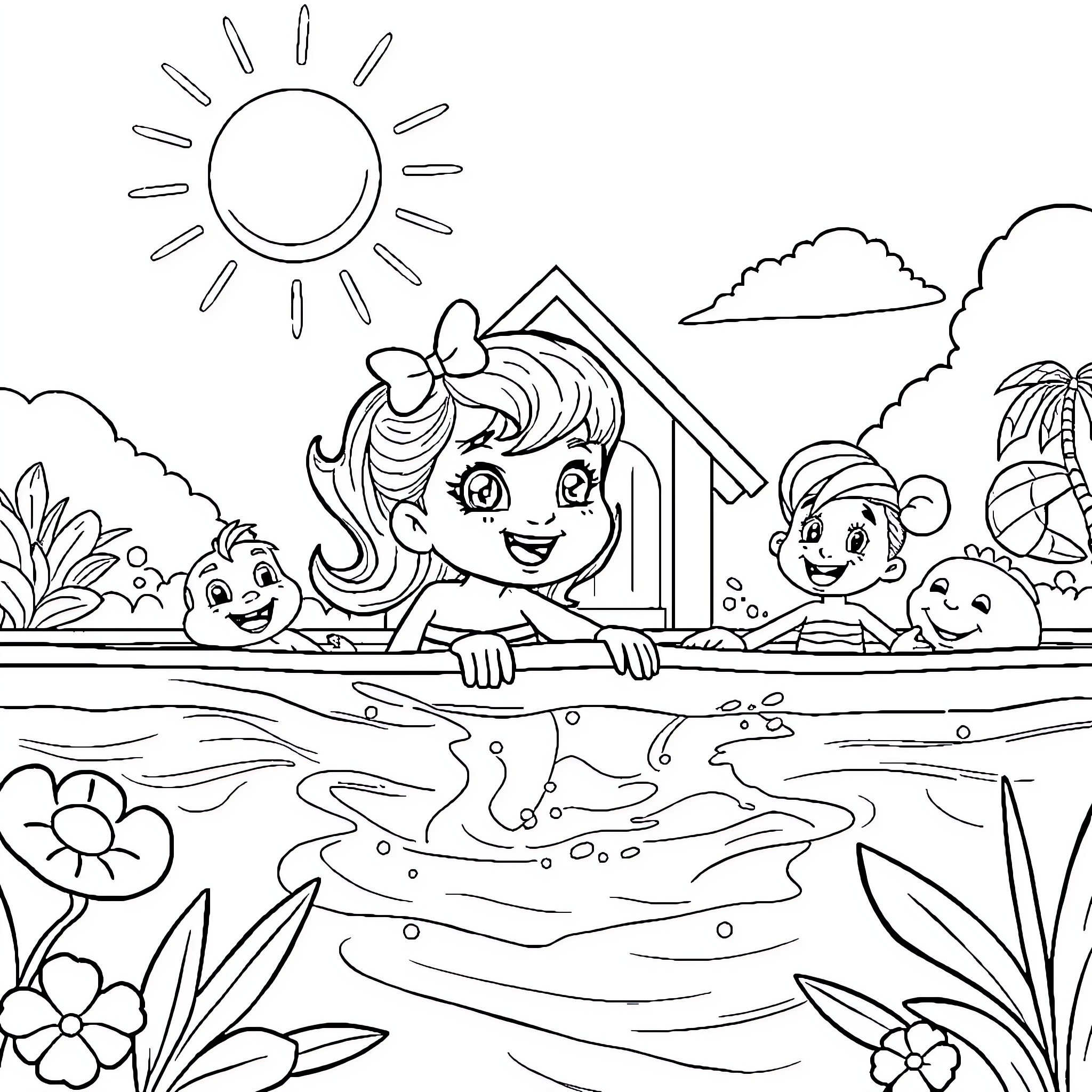Gabby's Fun Day at the Beach with Friends Coloring Page (free black-and-white line drawing printable PDF for all, from beginners to advanced learners, including children, teens, adults, and seniors)