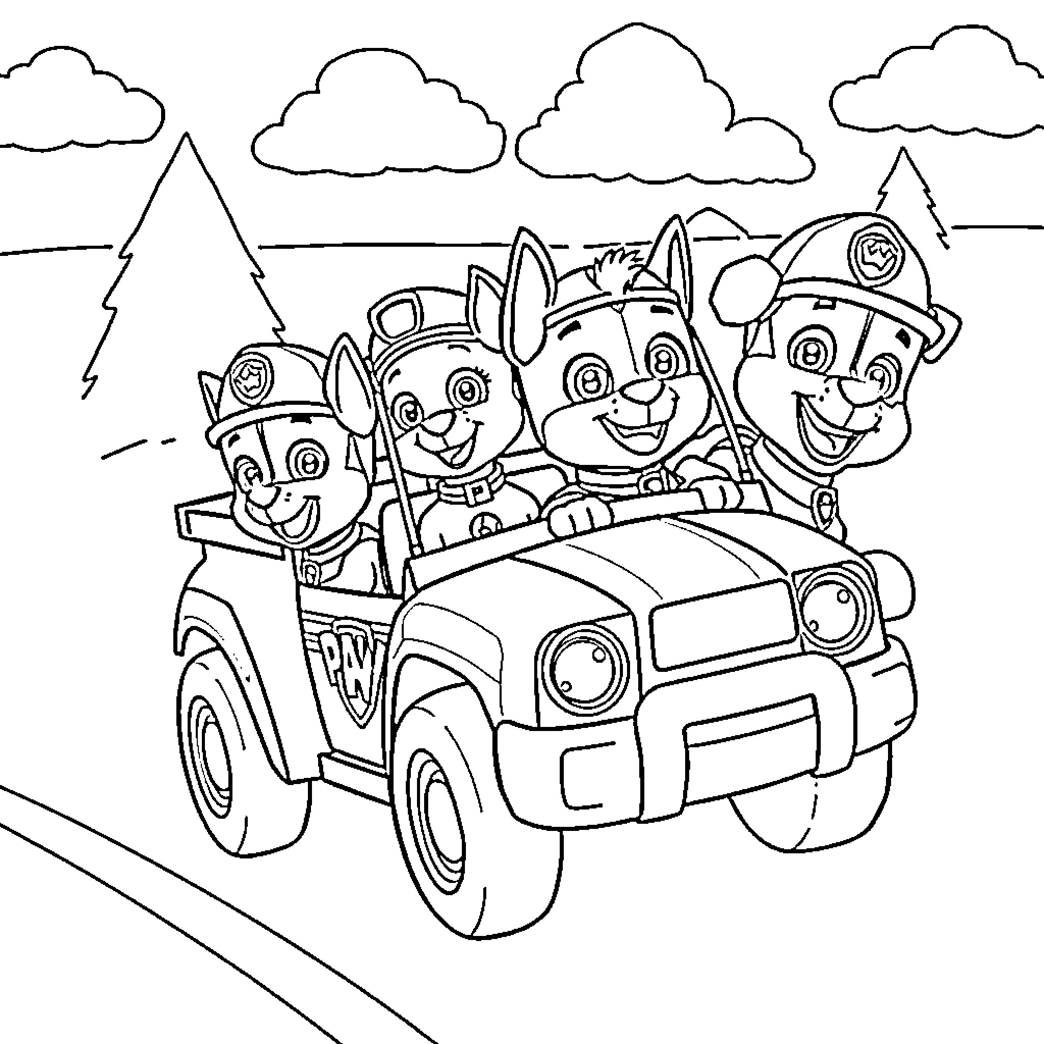 Paw Patrol Buddies Riding in Adventure Vehicle Coloring Page (free black-and-white line drawing printable PDF for all, from beginners to advanced learners, including children, teens, adults, and seniors)