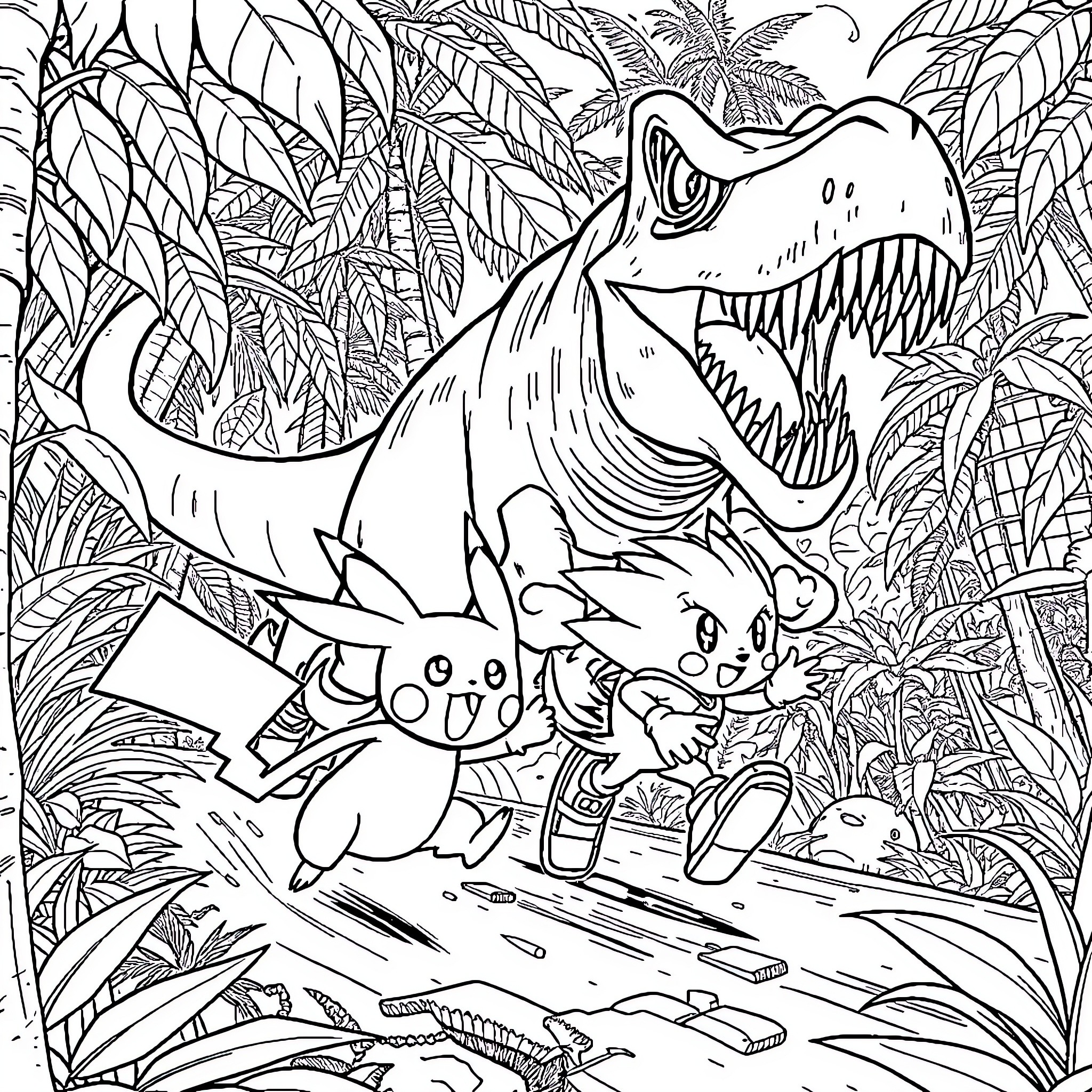Pikachu chasing a dinosaur in the jungle Coloring Page (free black-and-white line drawing printable PDF for all, from beginners to advanced learners, including children, teens, adults, and seniors)