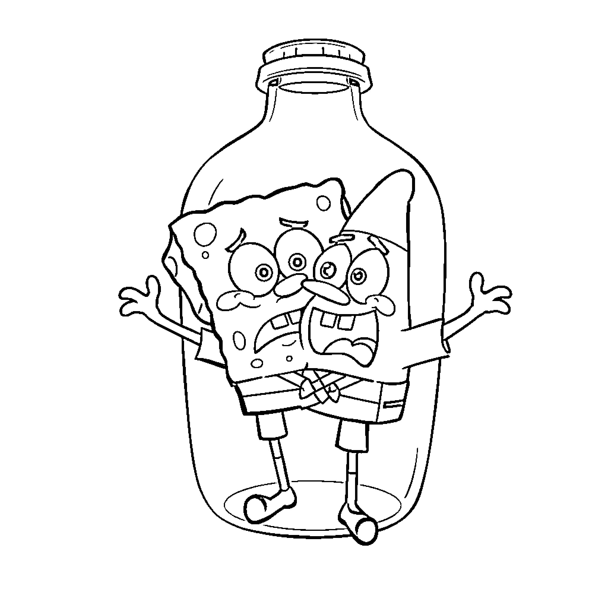 Spongebob trapped inside a bottle Coloring Page (free black-and-white line drawing printable PDF for all, from beginners to advanced learners, including children, teens, adults, and seniors)