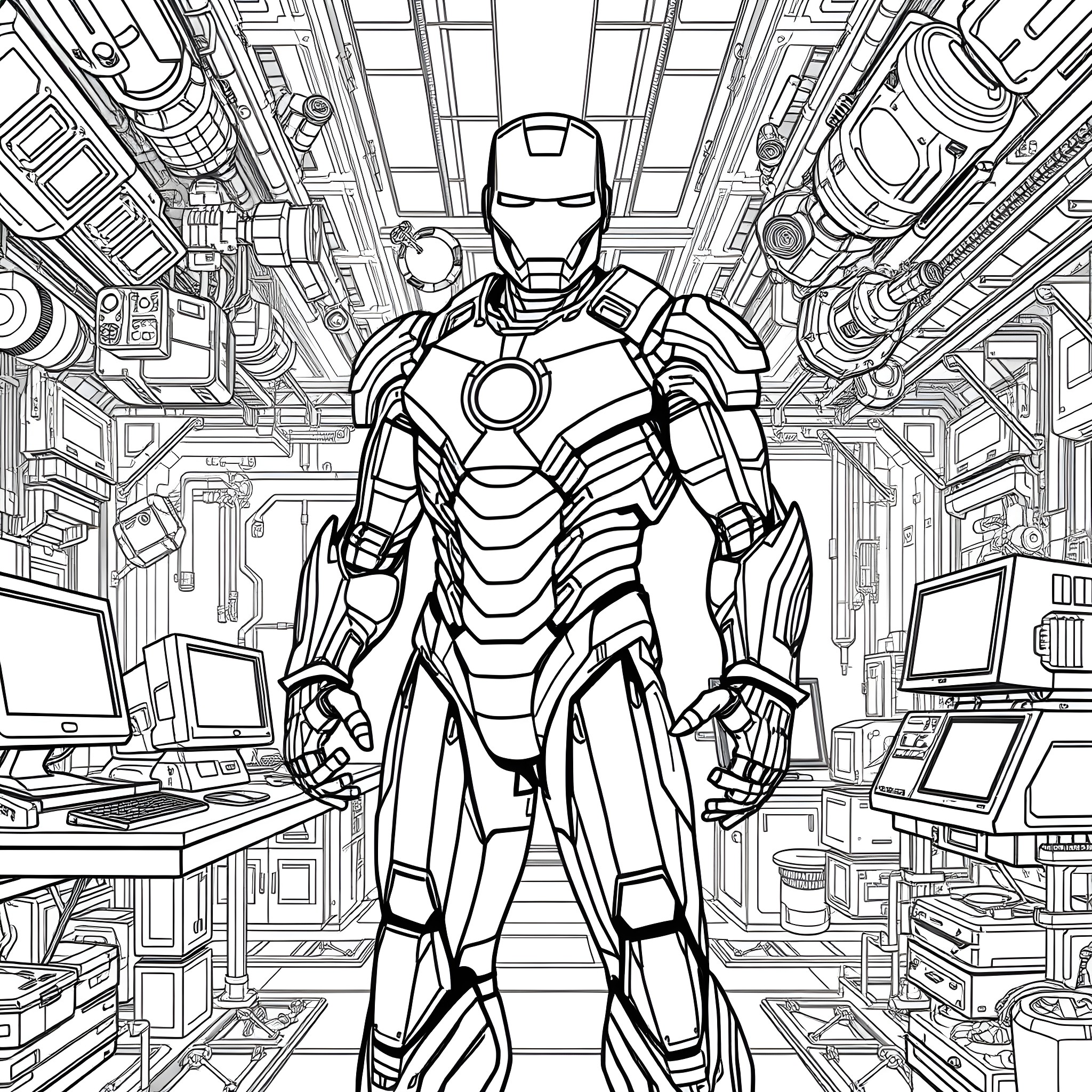 Ironman's Technological Triumph in a High-Tech Sanctuary Coloring Page (free black-and-white line drawing printable PDF for all, from beginners to advanced learners, including children, teens, adults, and seniors)