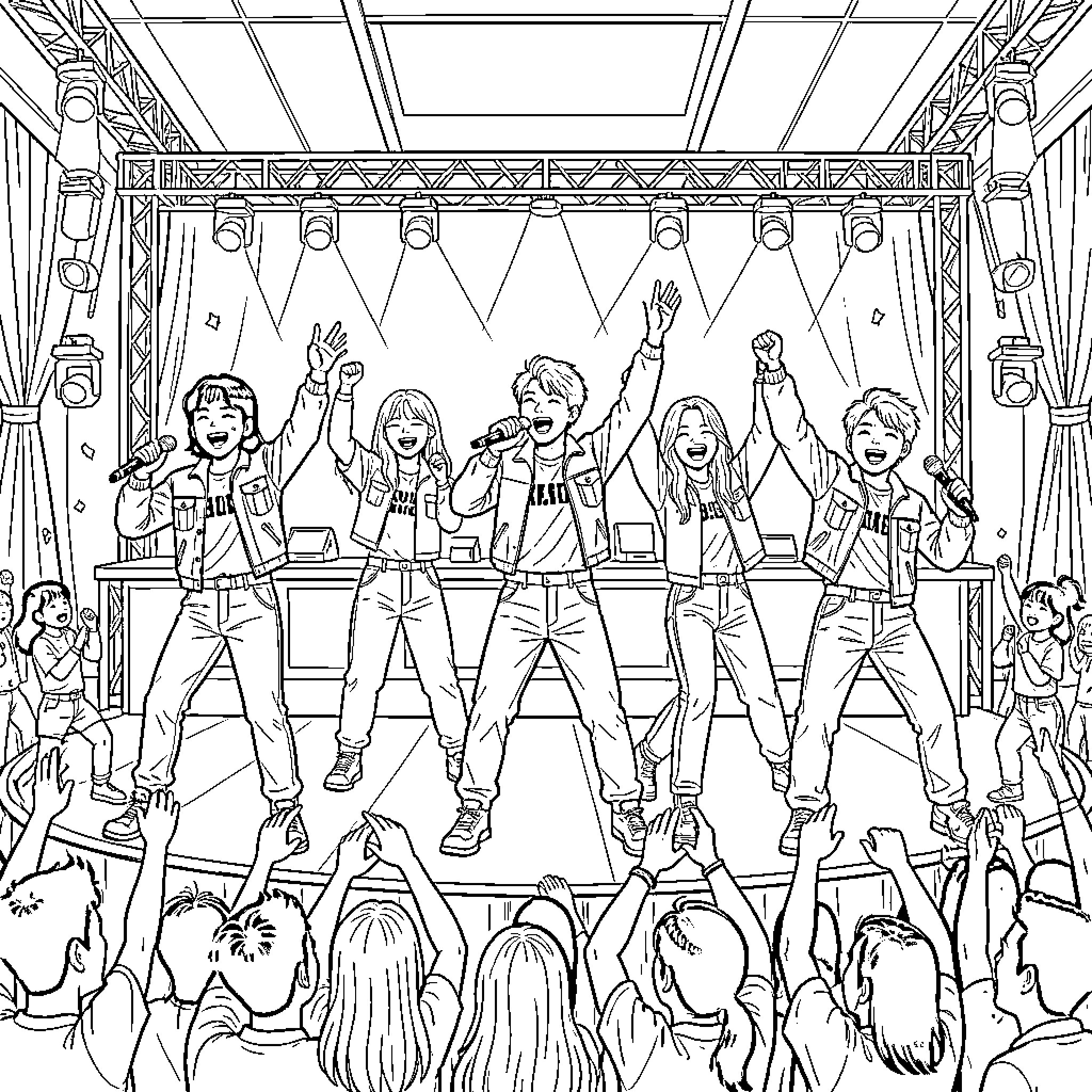 K Pop idols performing energetically on a stage Coloring Page (free black-and-white line drawing printable PDF for all, from beginners to advanced learners, including children, teens, adults, and seniors)