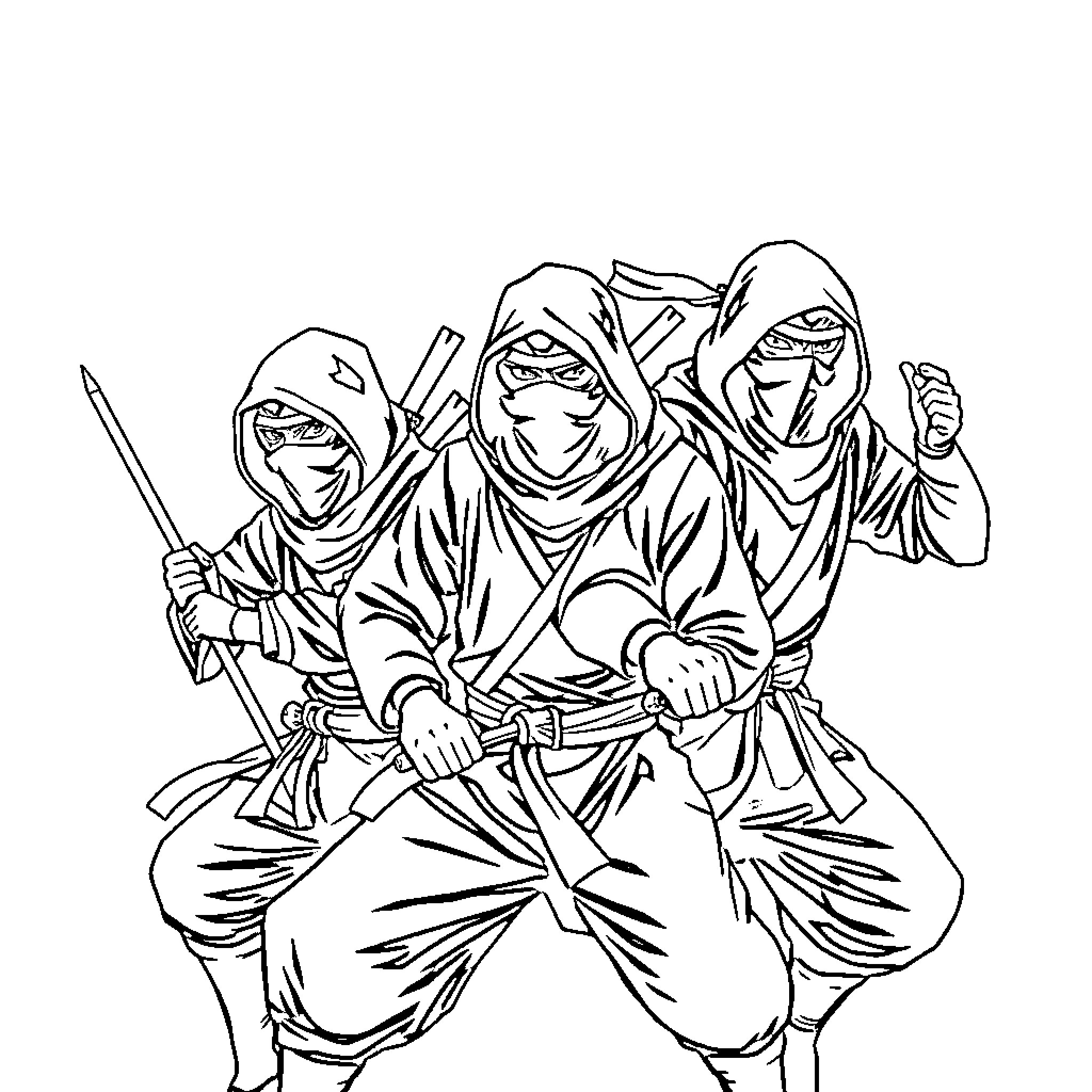 Ninja warriors in action with weapons Coloring Page (free black-and-white line drawing printable PDF for all, from beginners to advanced learners, including children, teens, adults, and seniors)