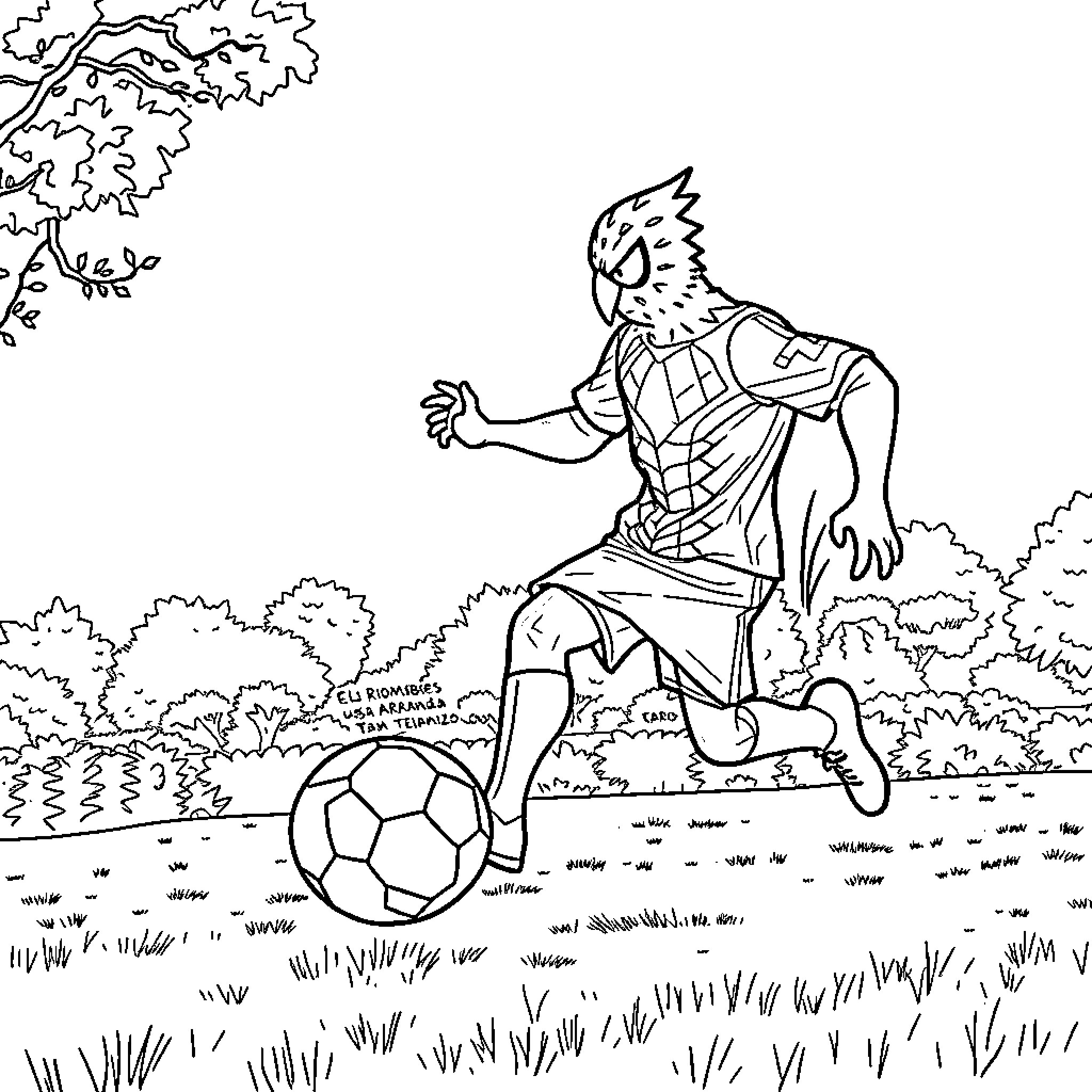 Spider-Man playing soccer in the park Coloring Page (free black-and-white line drawing printable PDF for all, from beginners to advanced learners, including children, teens, adults, and seniors)