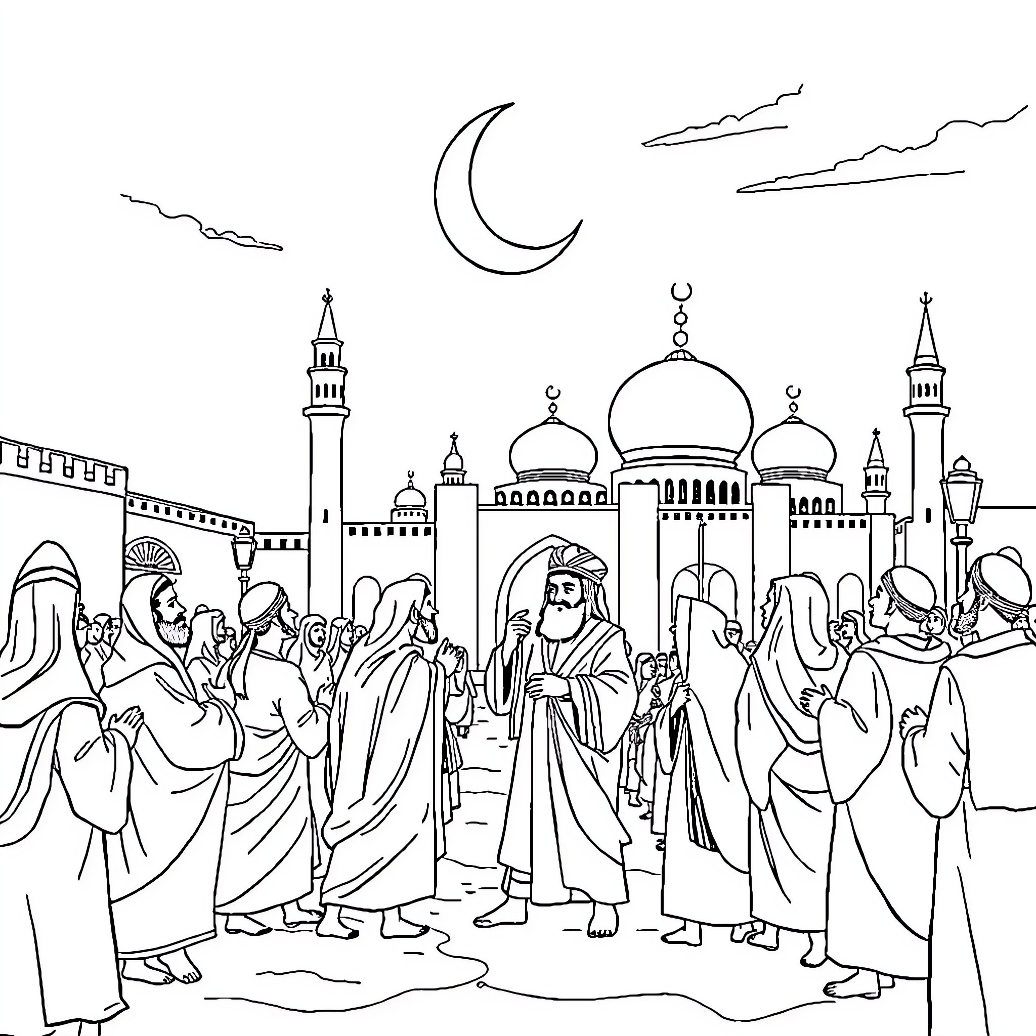 Prophet leading a group in a religious gathering Coloring Page (free black-and-white line drawing printable PDF for all, from beginners to advanced learners, including children, teens, adults, and seniors)