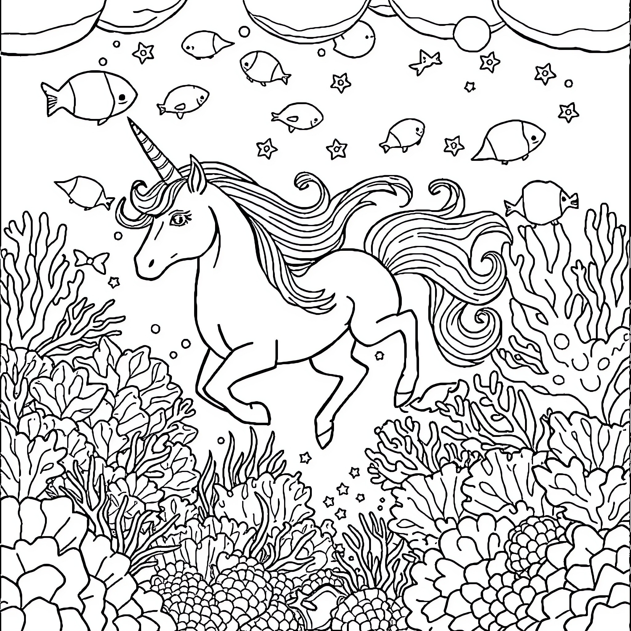 Unicorn swimming gracefully in the underwater wonderland Coloring Page (free black-and-white line drawing printable PDF for all, from beginners to advanced learners, including children, teens, adults, and seniors)