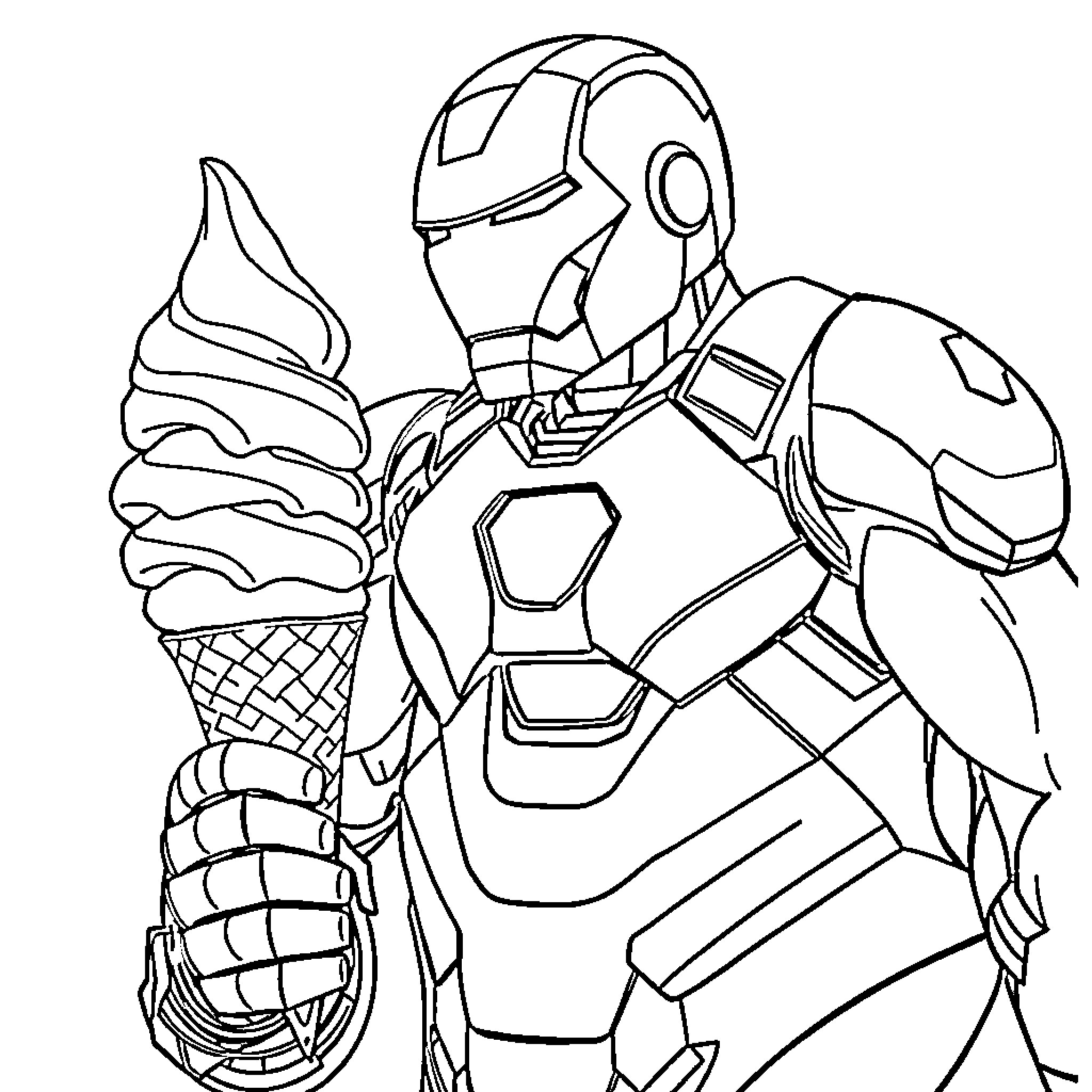Iron Man Enjoying Ice Cream in Heroic Attire Coloring Page (free black-and-white line drawing printable PDF for all, from beginners to advanced learners, including children, teens, adults, and seniors)