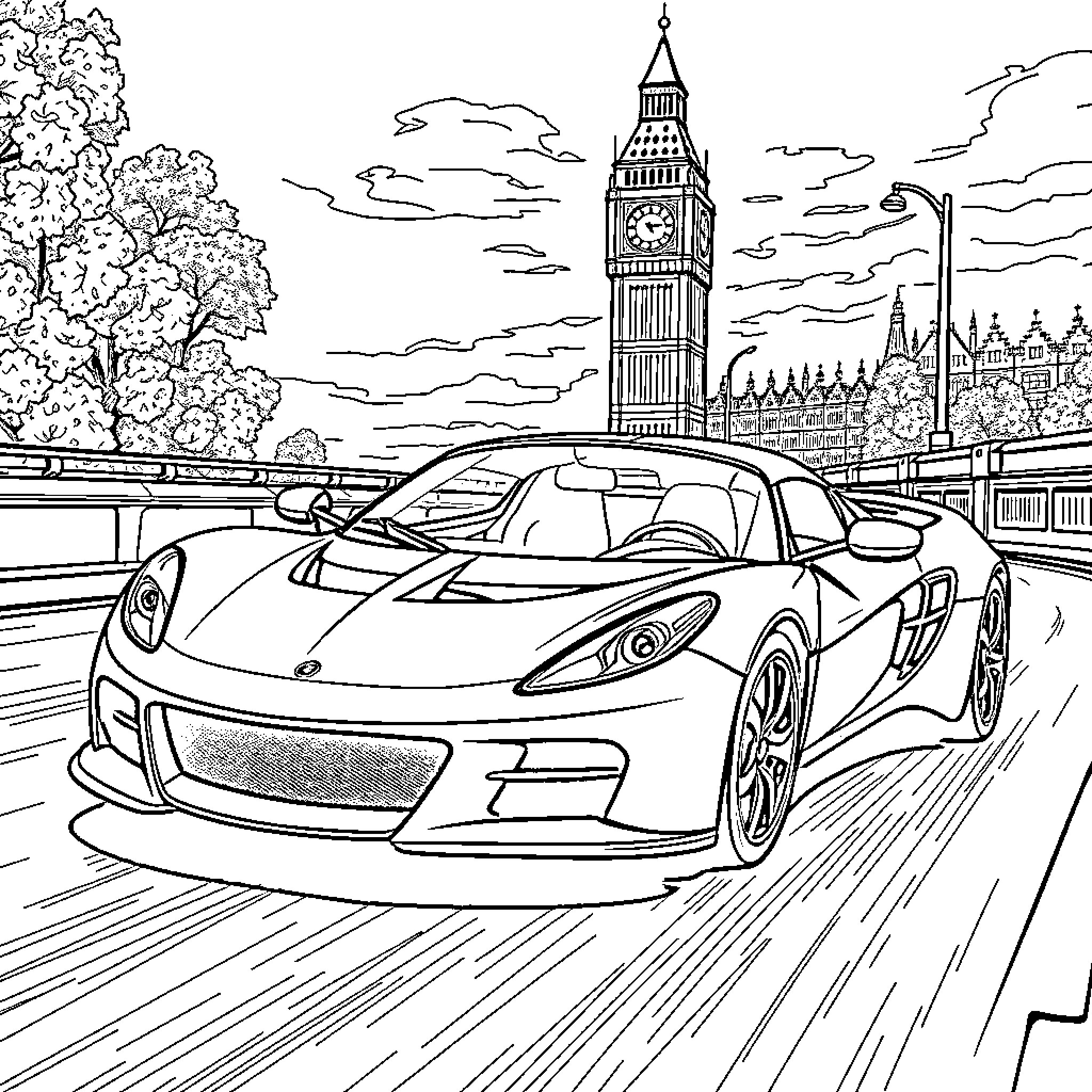 Lotus sports car speeding through city streets Coloring Page (free black-and-white line drawing printable PDF for all, from beginners to advanced learners, including children, teens, adults, and seniors)