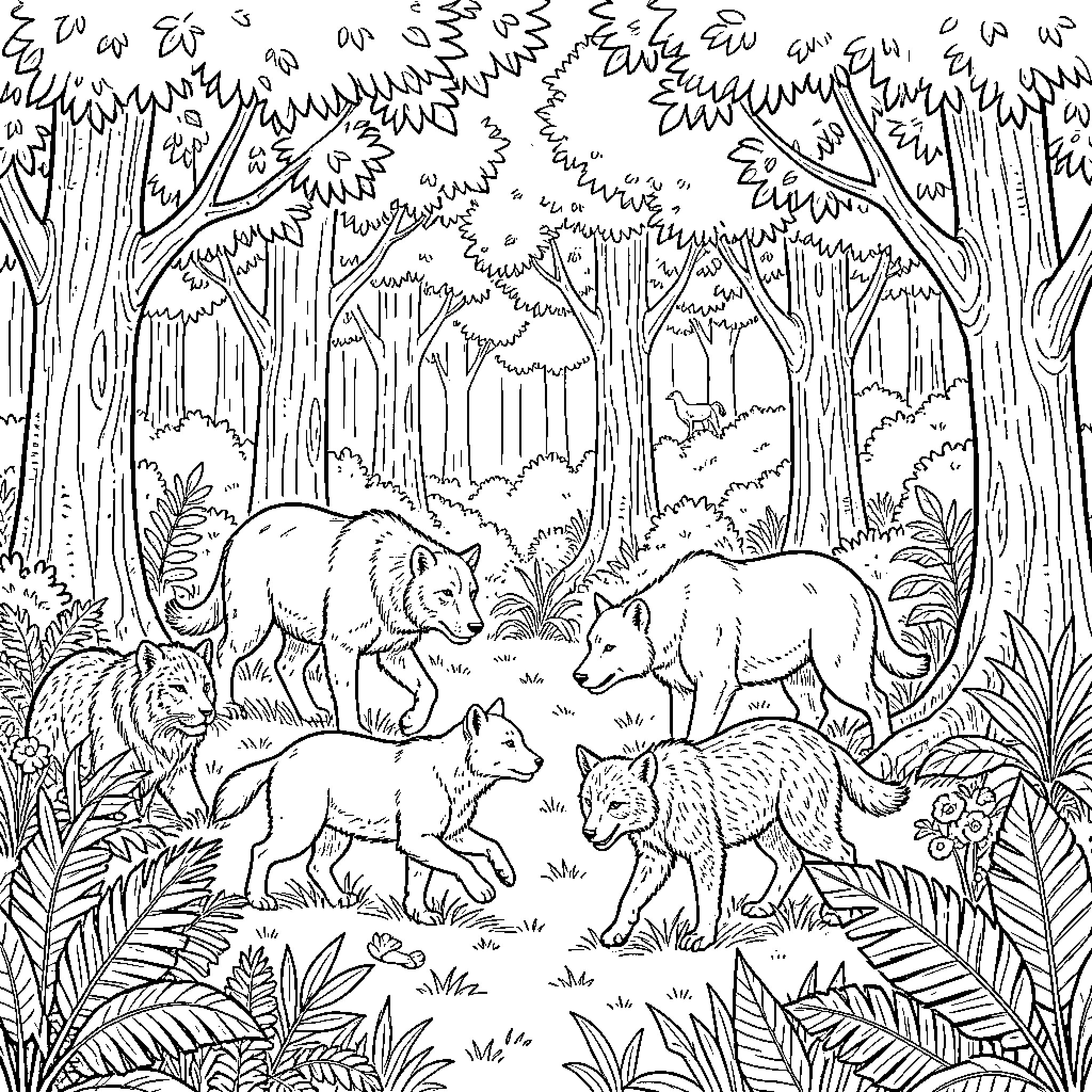 Animals exploring the dense forest Coloring Page (free black-and-white line drawing printable PDF for all, from beginners to advanced learners, including children, teens, adults, and seniors)