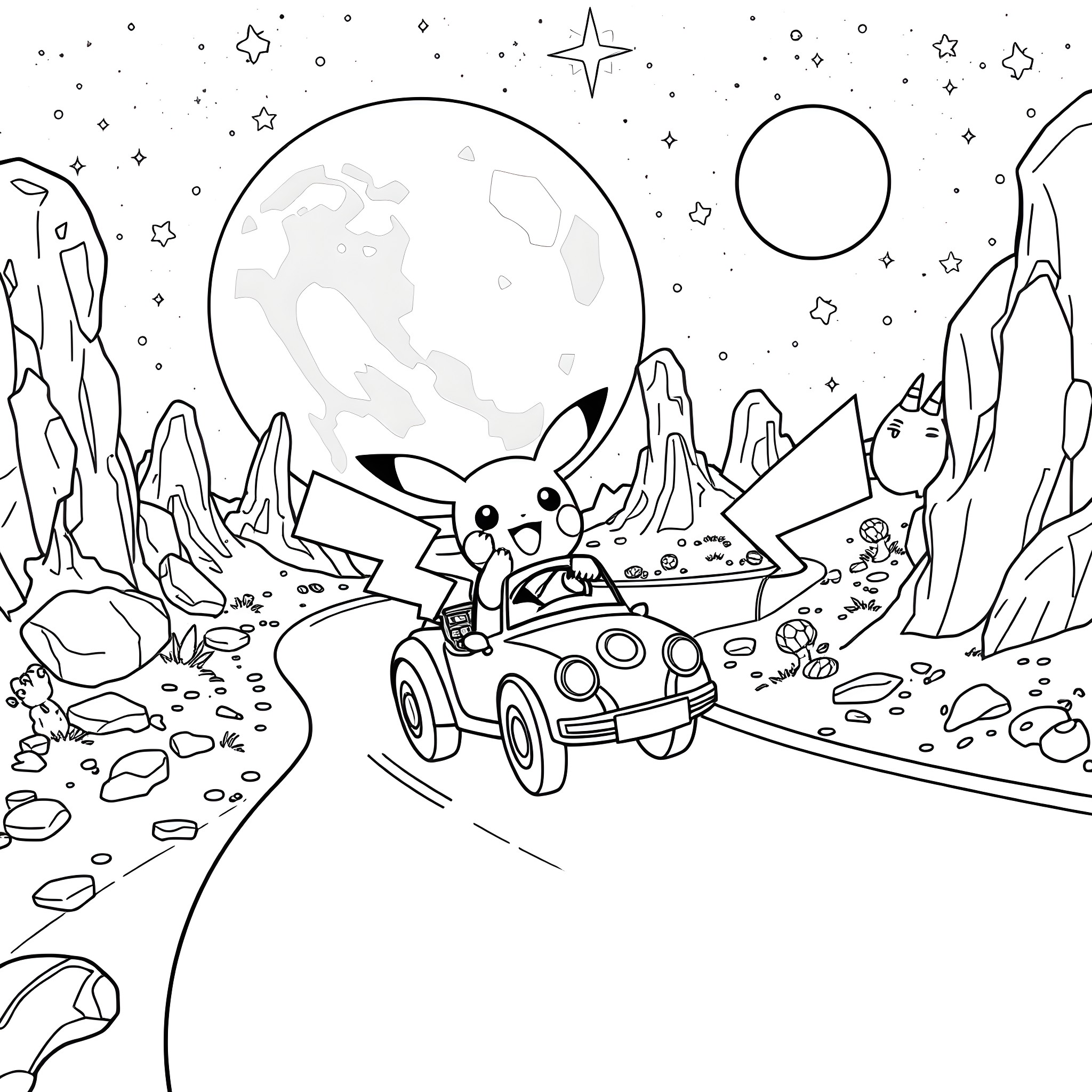 Pikachu's Galactic Adventure Coloring Page (free black-and-white line drawing printable PDF for all, from beginners to advanced learners, including children, teens, adults, and seniors)