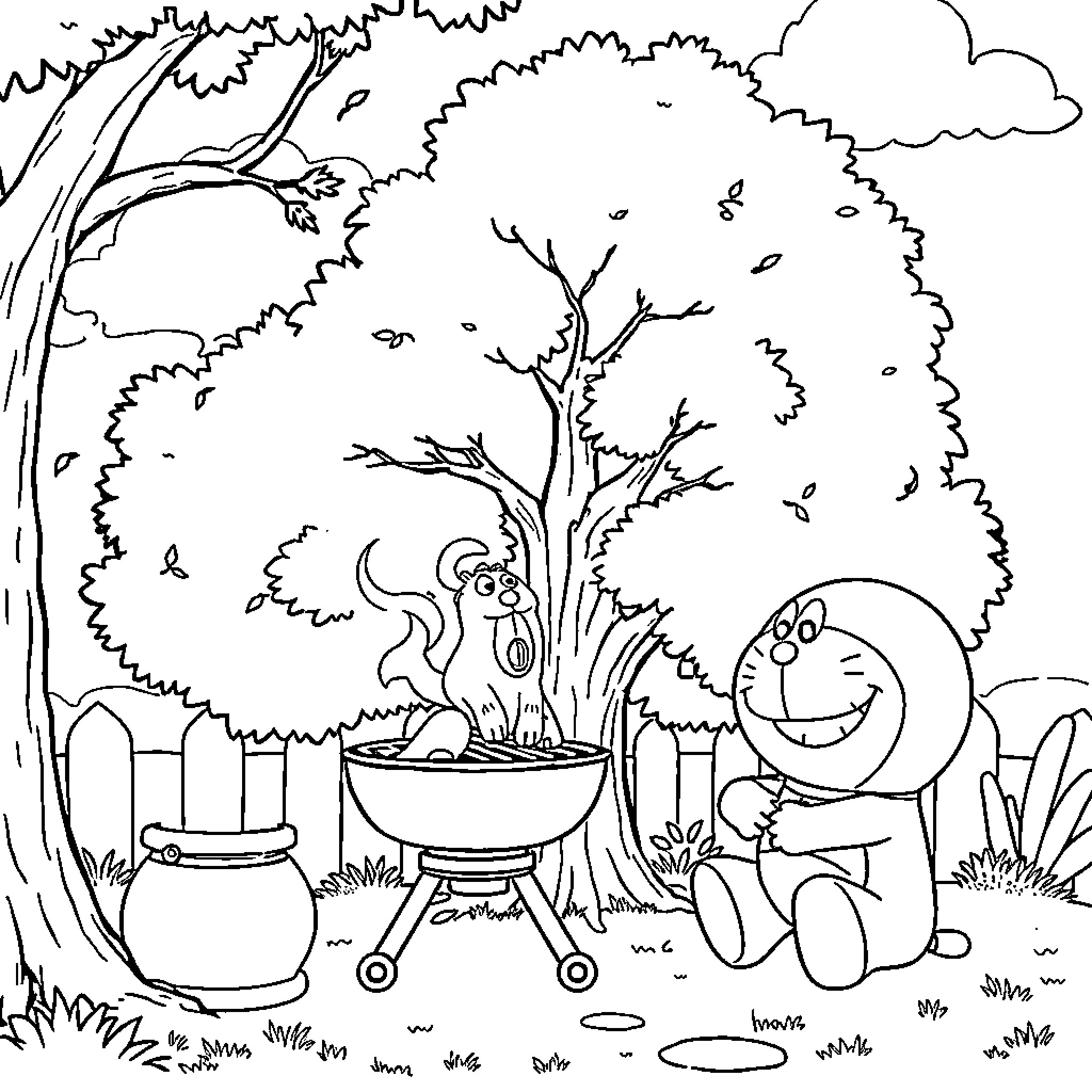 Doraemon enjoying outdoor barbecue with animal friends Coloring Page (free black-and-white line drawing printable PDF for all, from beginners to advanced learners, including children, teens, adults, and seniors)