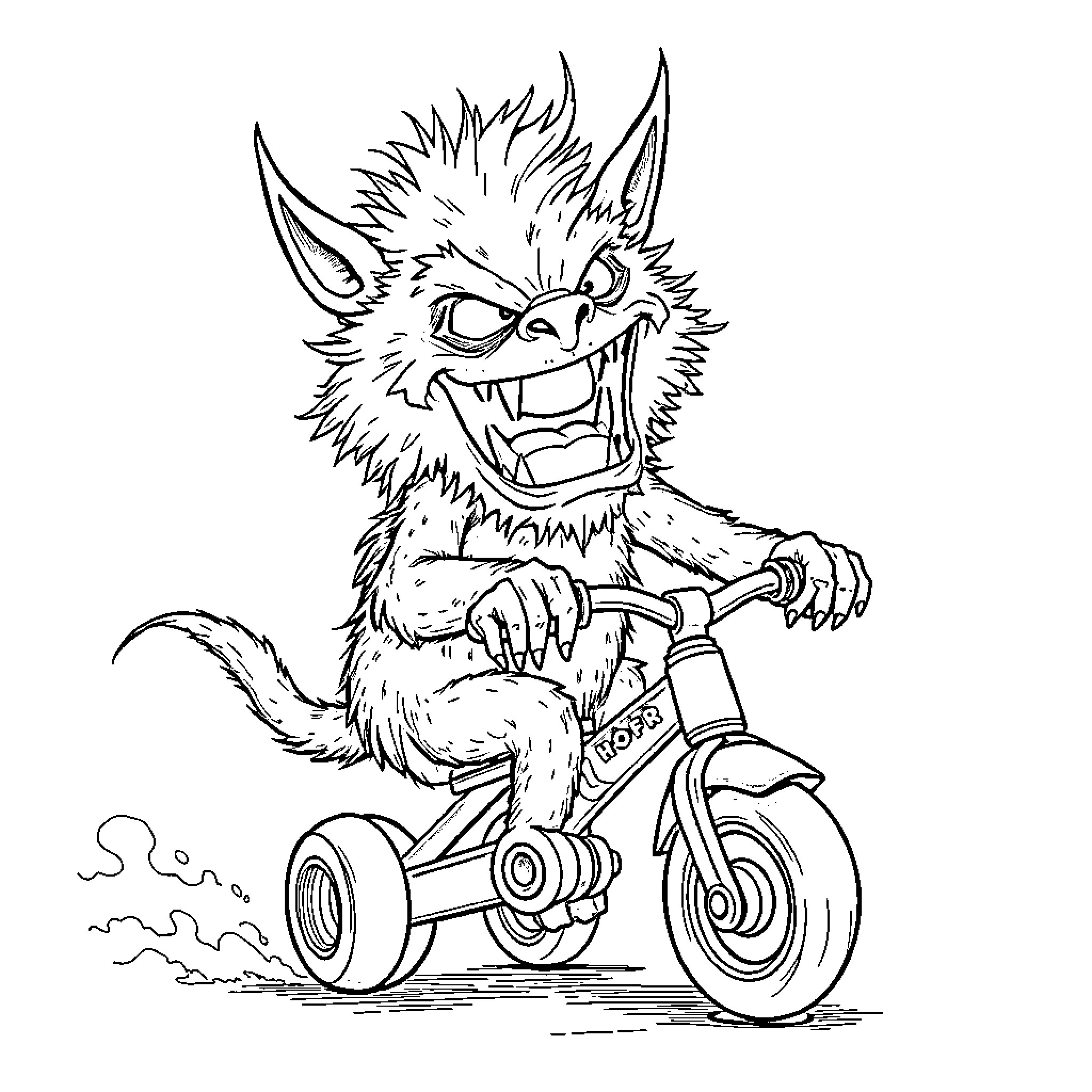 Creature riding a tricycle with enthusiasm Coloring Page (free black-and-white line drawing printable PDF for all, from beginners to advanced learners, including children, teens, adults, and seniors)