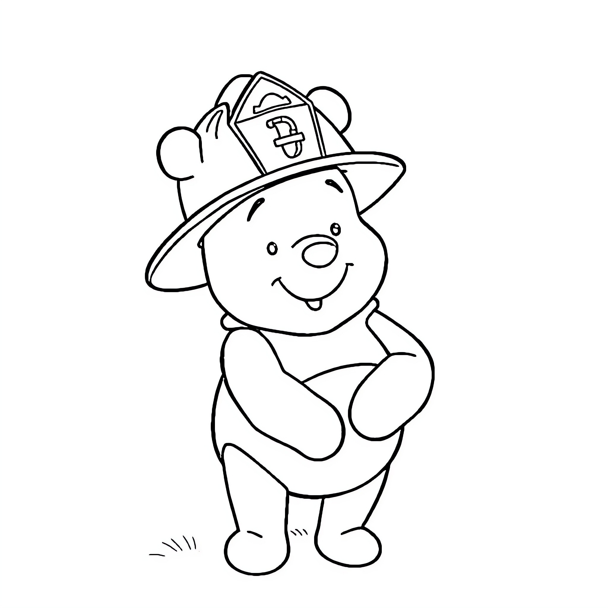 Winnie The Pooh Wearing Firefighter Hat Coloring Page (free black-and-white line drawing printable PDF for all, from beginners to advanced learners, including children, teens, adults, and seniors)