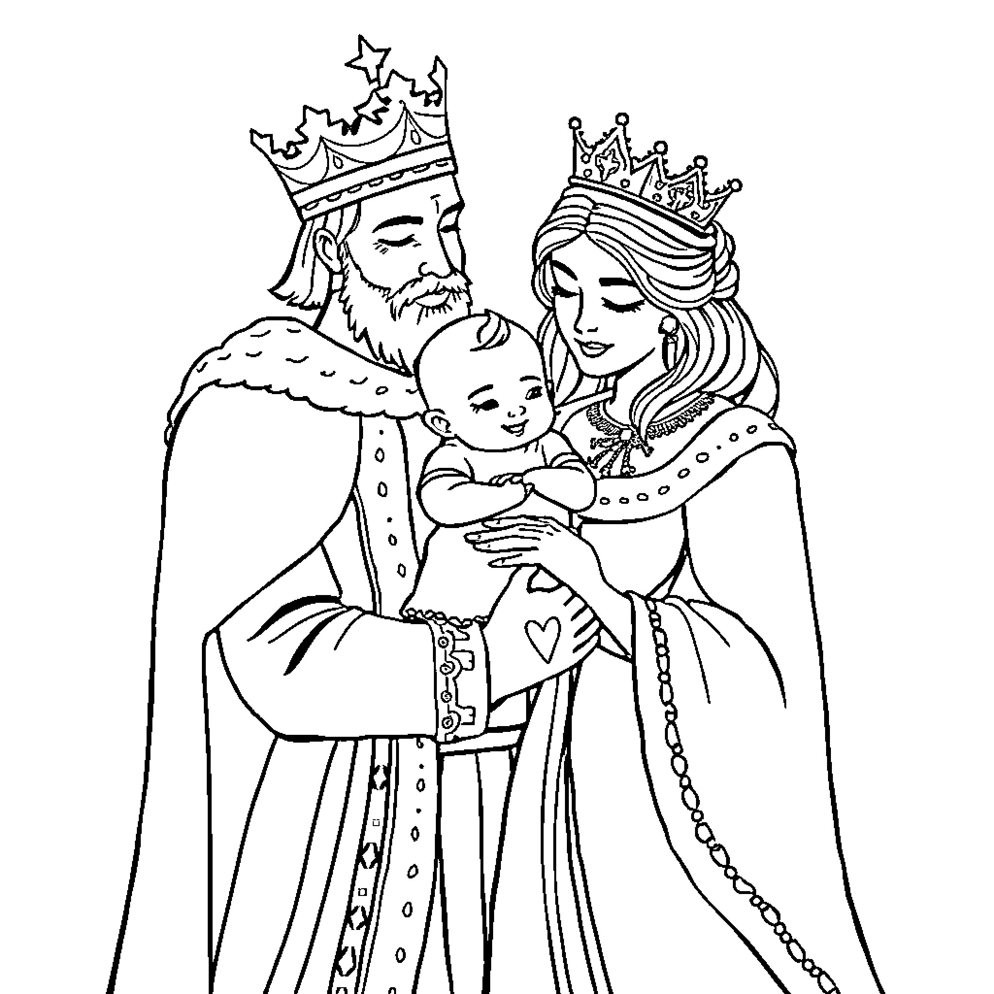 King and Queen with their Royal Offspring Coloring Page (free black-and-white line drawing printable PDF for all, from beginners to advanced learners, including children, teens, adults, and seniors)