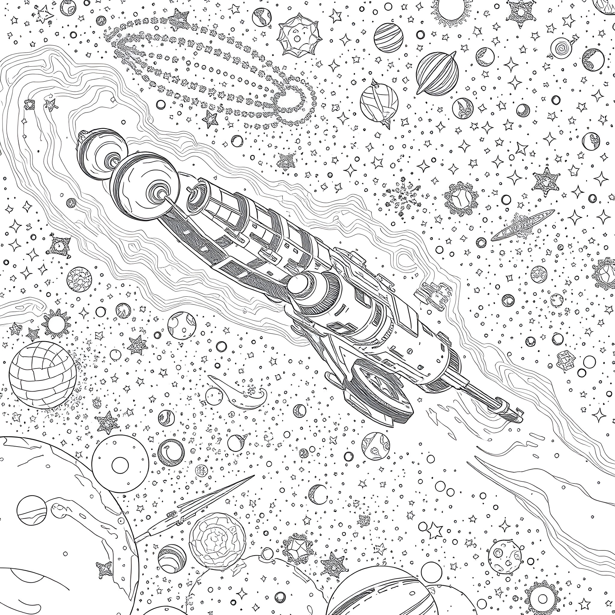 Space Rocket Soaring Through Starry Cosmos Coloring Page (free black-and-white line drawing printable PDF for all, from beginners to advanced learners, including children, teens, adults, and seniors)