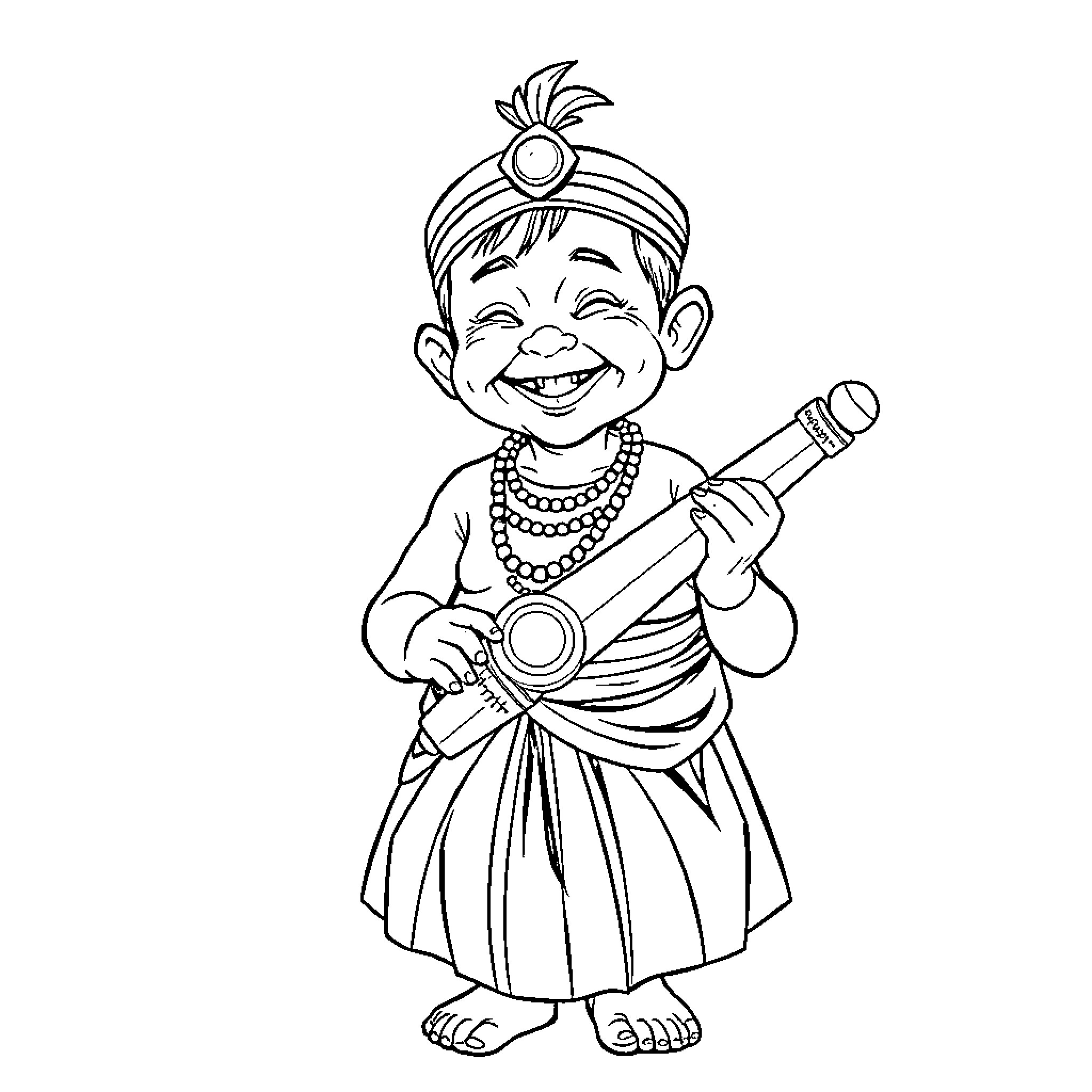 Kid joyfully playing traditional instrument Coloring Page (free black-and-white line drawing printable PDF for all, from beginners to advanced learners, including children, teens, adults, and seniors)