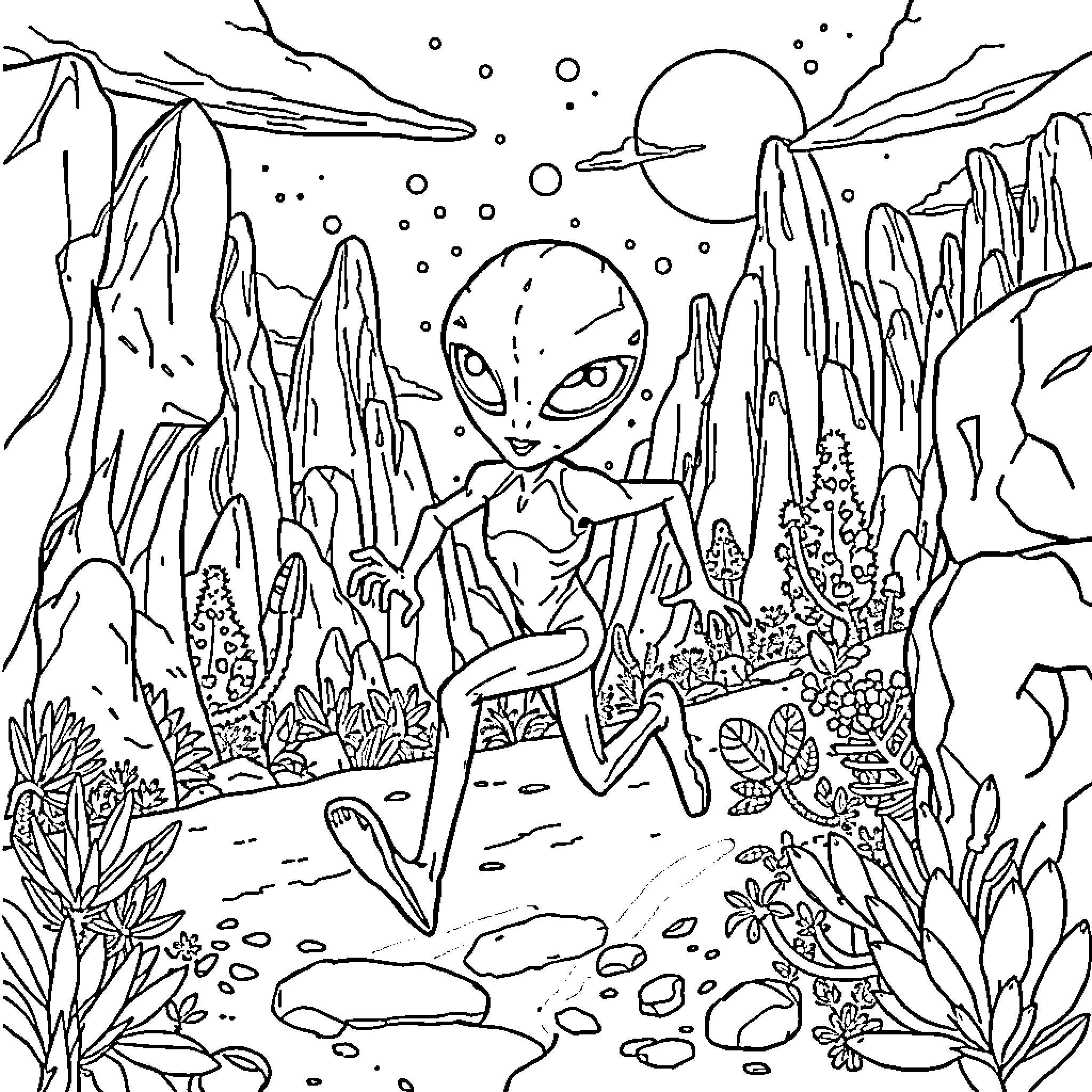 Alien exploring mysterious alien landscape Coloring Page (free black-and-white line drawing printable PDF for all, from beginners to advanced learners, including children, teens, adults, and seniors)