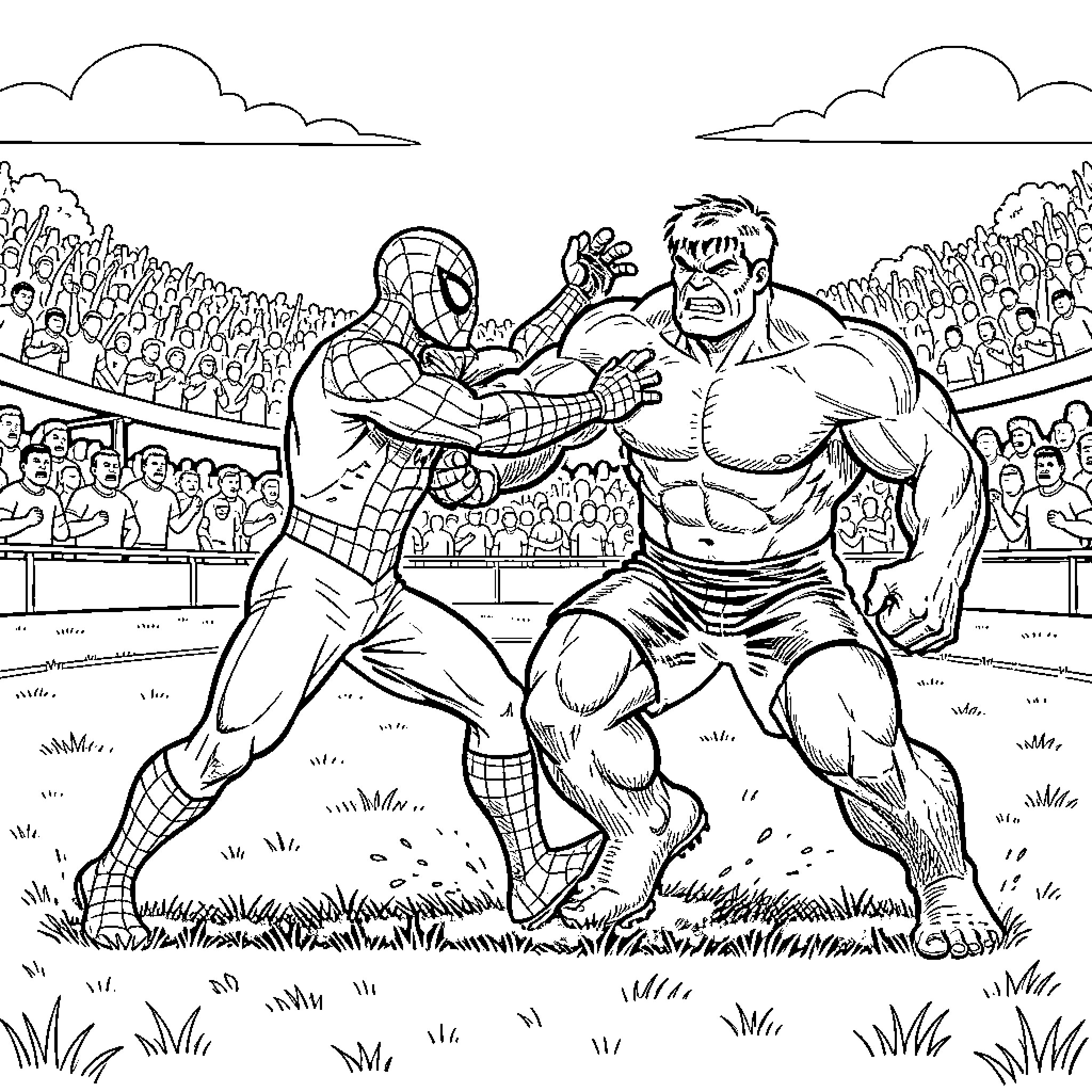 Spiderman fighting a muscular villain in an arena Coloring Page (free black-and-white line drawing printable PDF for all, from beginners to advanced learners, including children, teens, adults, and seniors)