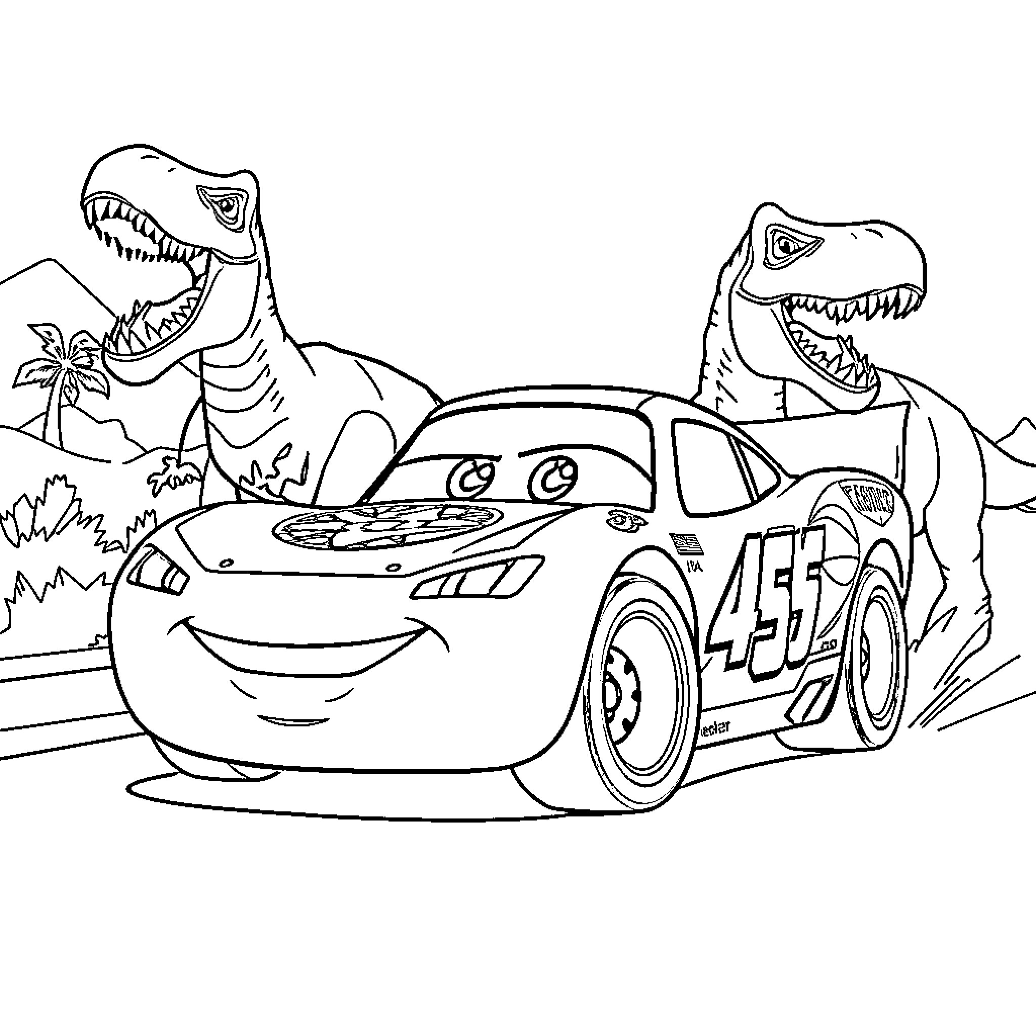 Rayo McQueen faces off against dinosaurs on the racetrack Coloring Page (free black-and-white line drawing printable PDF for all, from beginners to advanced learners, including children, teens, adults, and seniors)