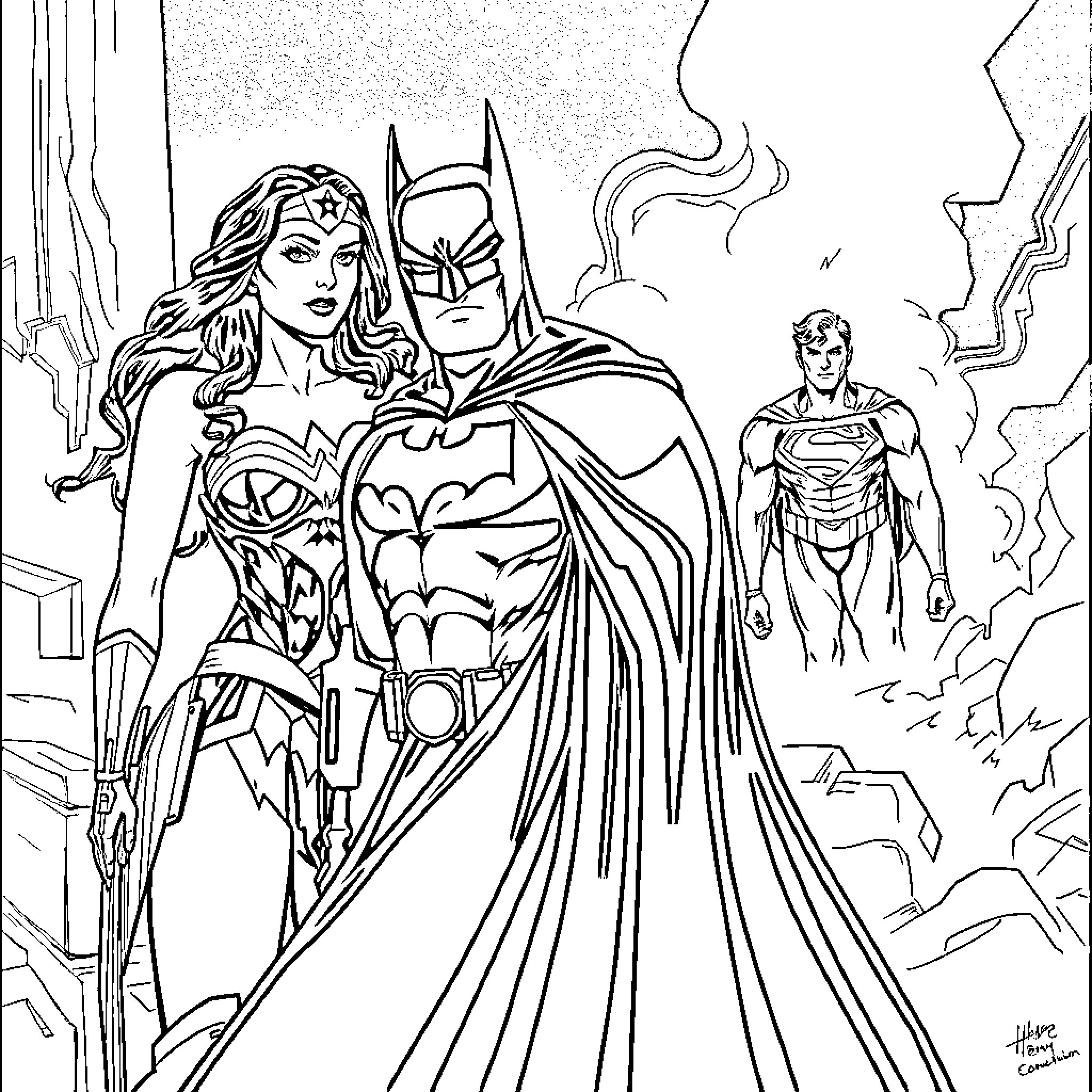 Wonder Woman and Batman facing off against Superman Coloring Page (free black-and-white line drawing printable PDF for all, from beginners to advanced learners, including children, teens, adults, and seniors)