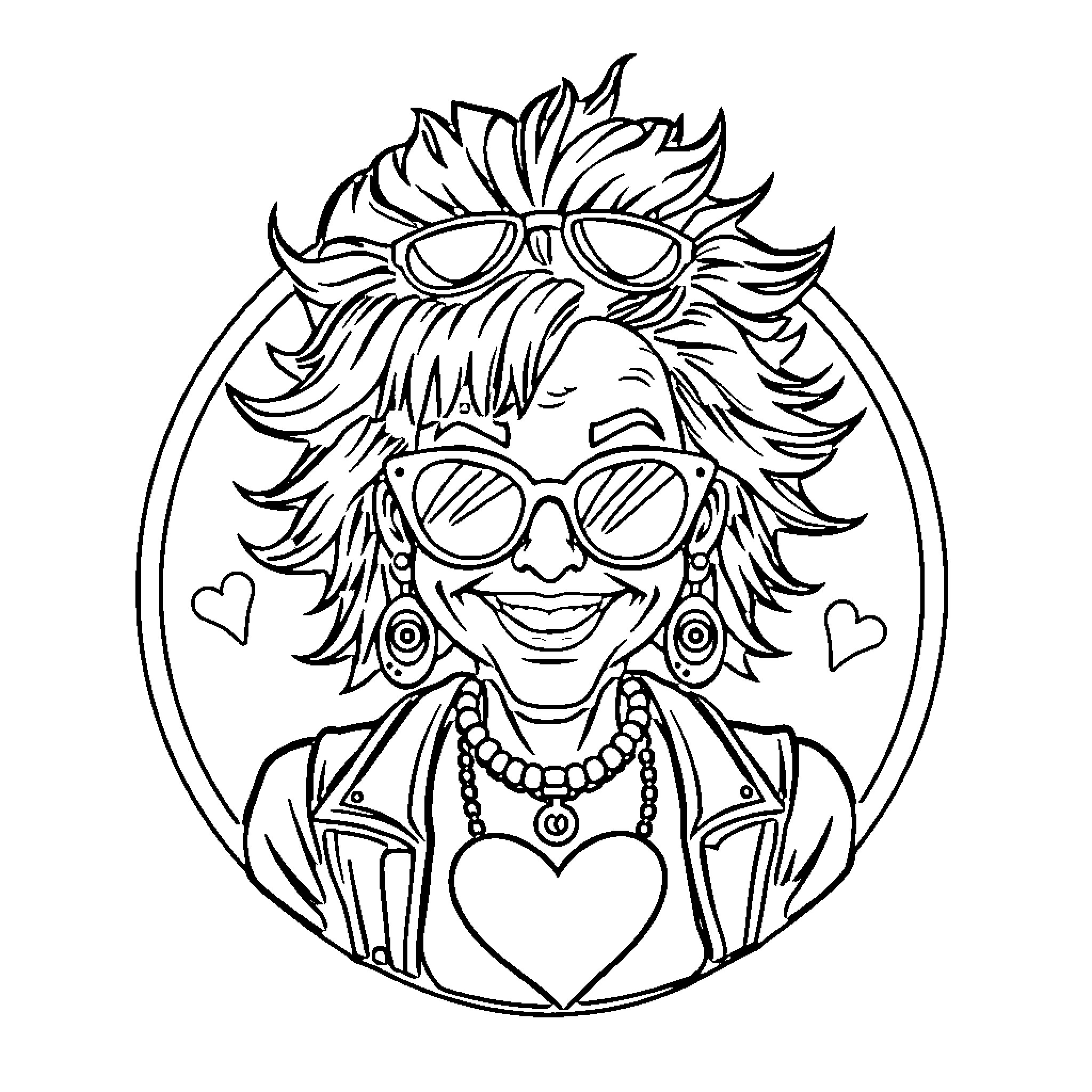 Grandma having fun with heart-shaped sunglasses Coloring Page (free black-and-white line drawing printable PDF for all, from beginners to advanced learners, including children, teens, adults, and seniors)