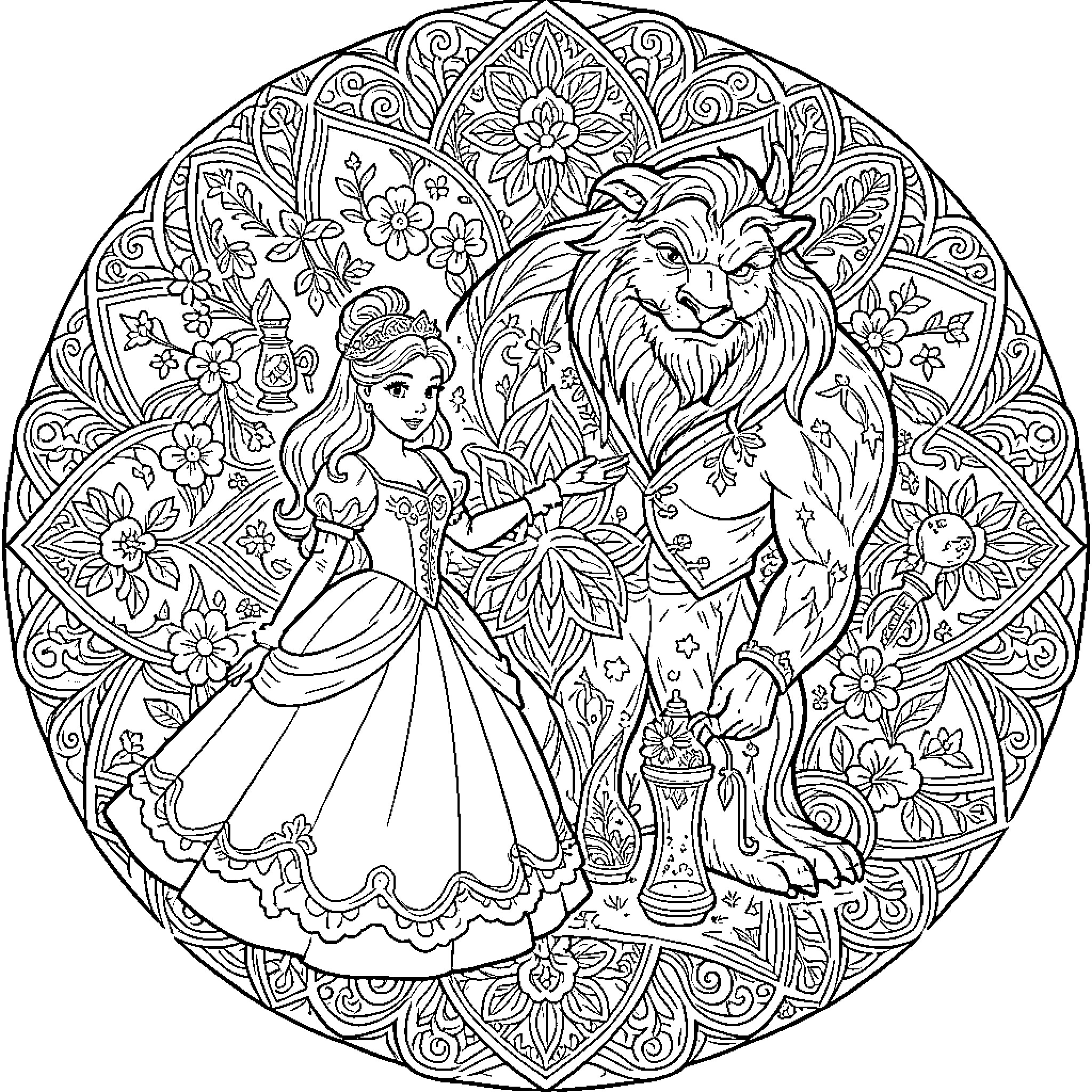 Beauty And The Beast Enchanting Mandala Coloring Page (free black-and-white line drawing printable PDF for all, from beginners to advanced learners, including children, teens, adults, and seniors)