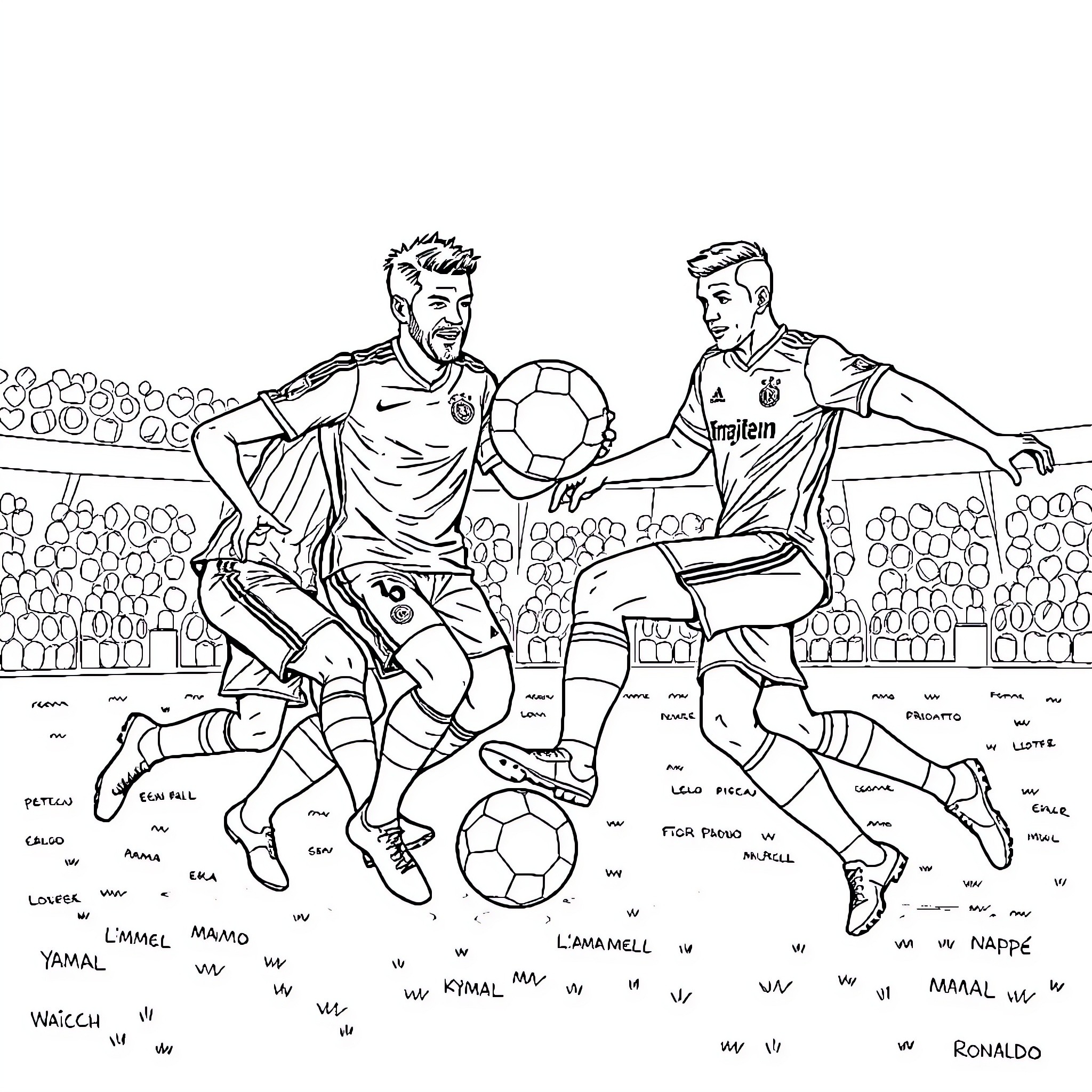 Football Players in Intense Competition on the Field Coloring Page (free black-and-white line drawing printable PDF for all, from beginners to advanced learners, including children, teens, adults, and seniors)